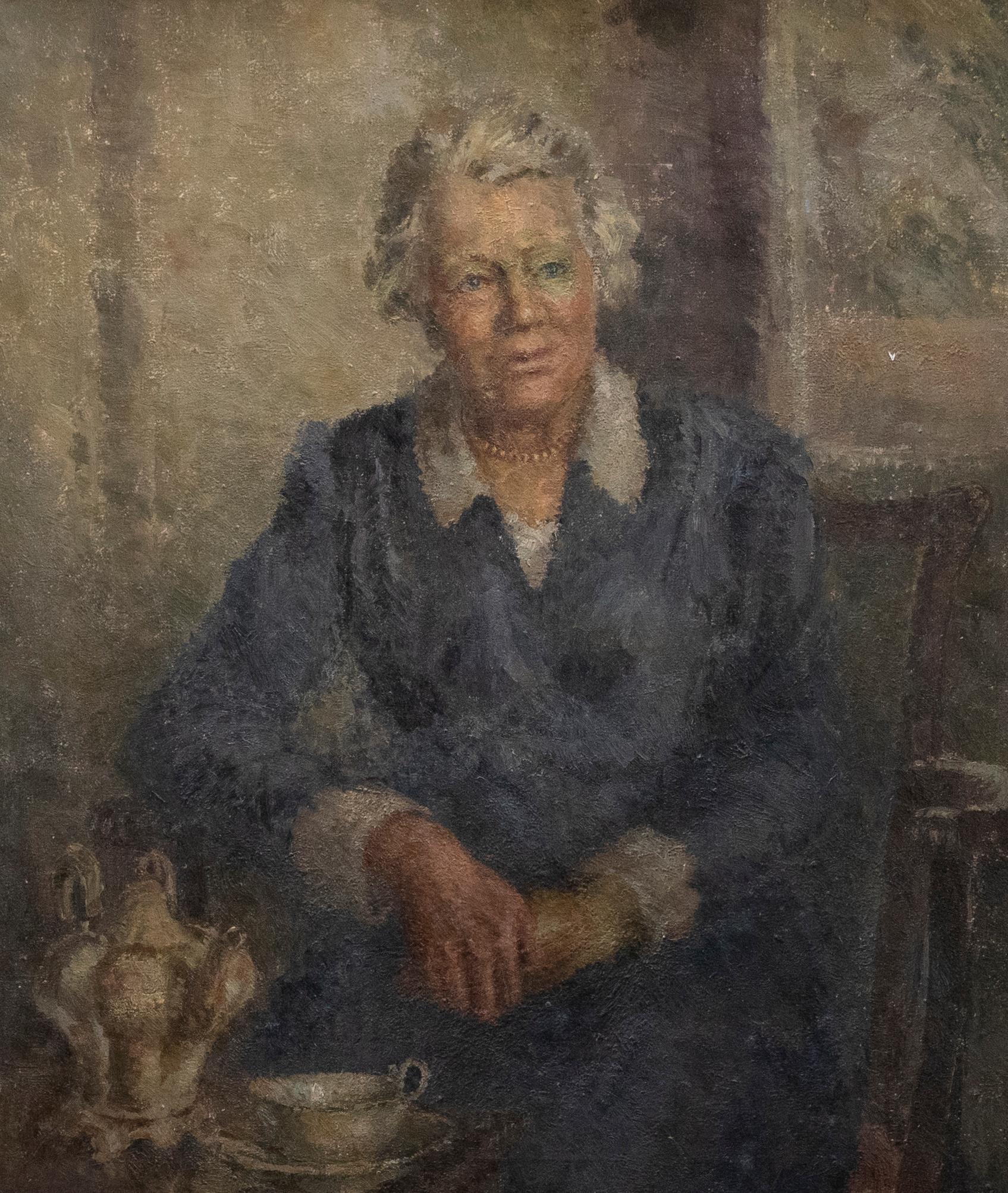 Mid 20th Century Oil - Portrait of a Lady with a Teapot - Painting by Unknown