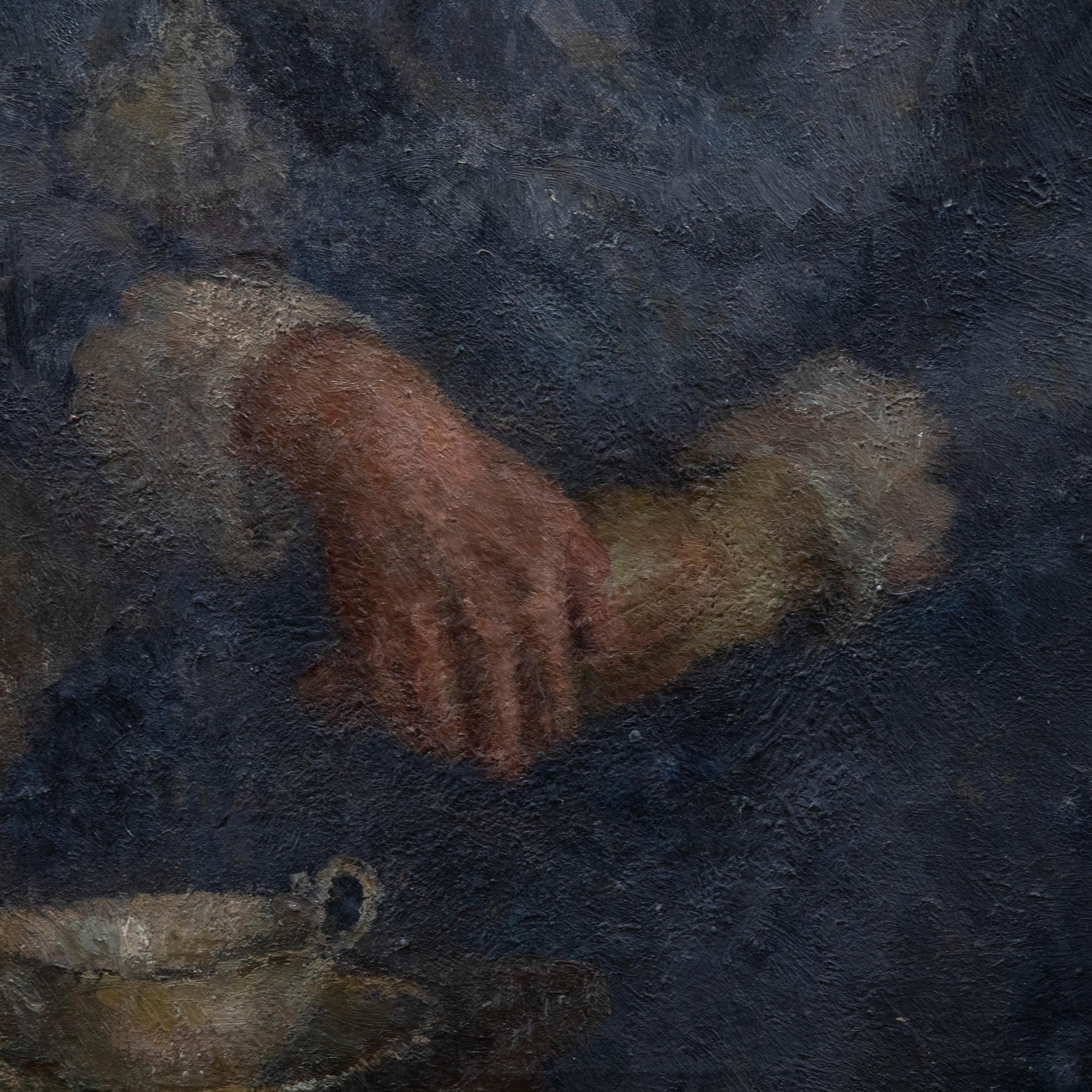 Mid 20th Century Oil - Portrait of a Lady with a Teapot For Sale 1