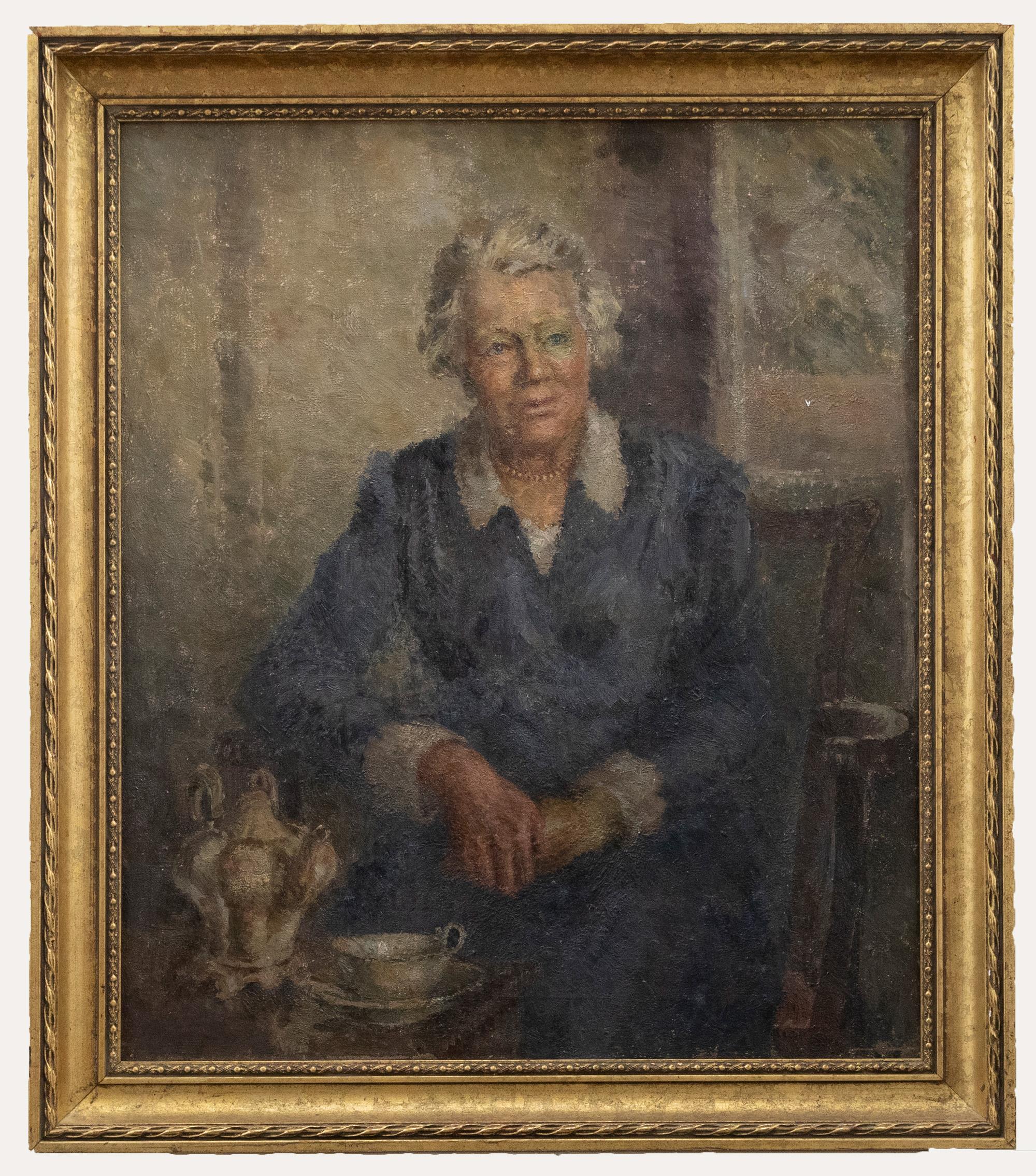 Unknown Portrait Painting - Mid 20th Century Oil - Portrait of a Lady with a Teapot