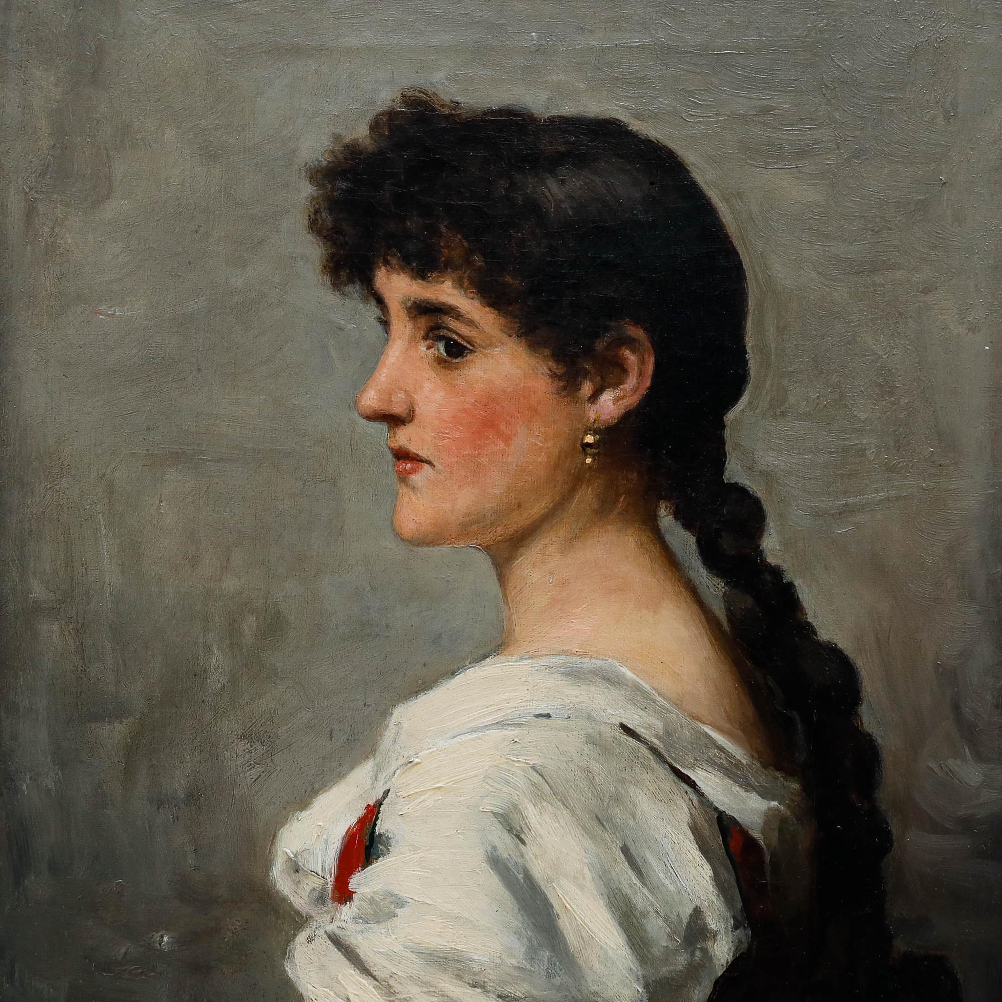 This delightful portrait depicts a young woman in profile, her dark hair elegantly braided and draped over her shoulder, wearing a white blouse with puffy sleeves that suggests 19th-century fashion. The artist employs a muted colour palette