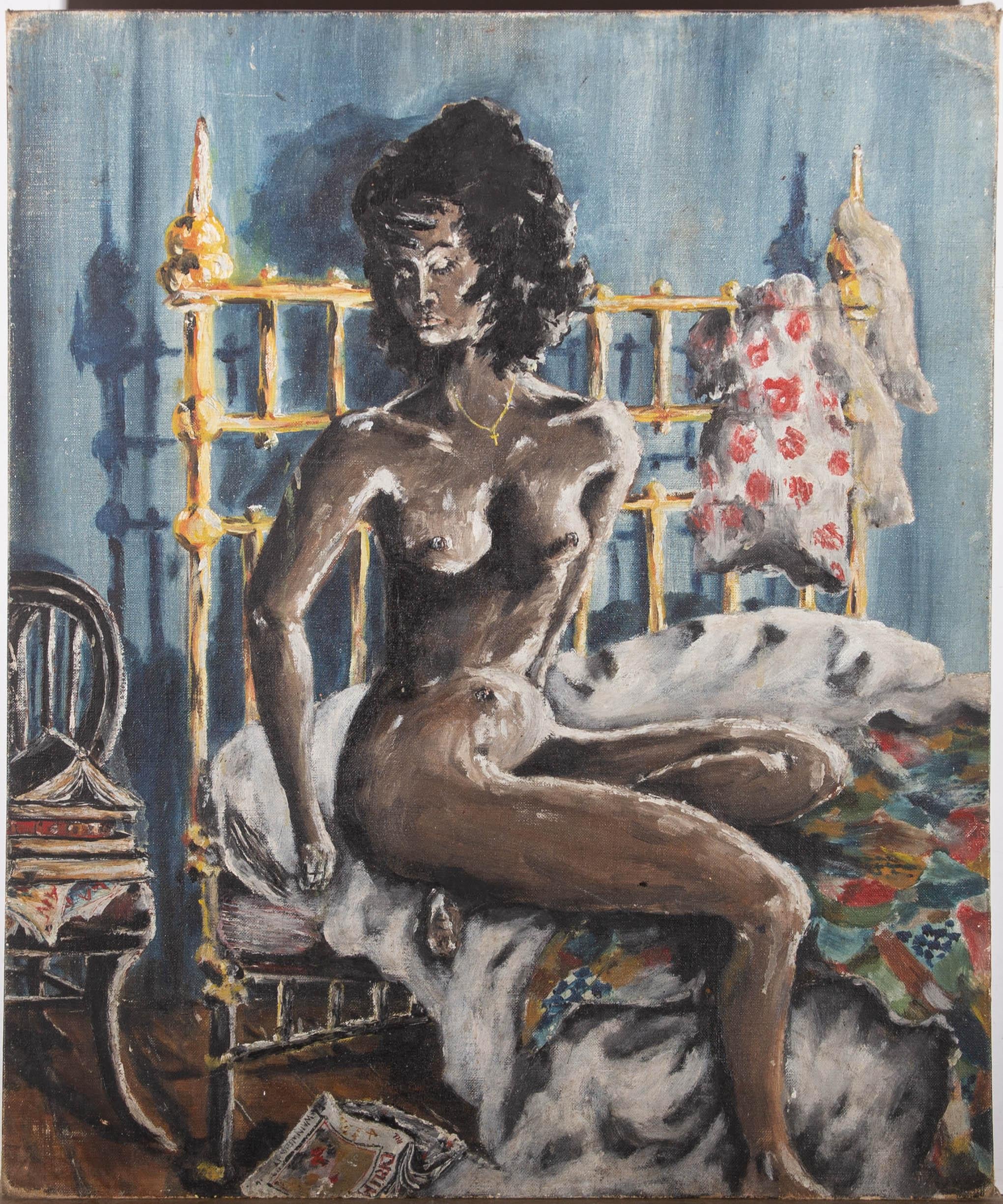 Mid 20th Century Oil - Portrait of Nude Female Figure in Bedroom - Gray Portrait Painting by Unknown