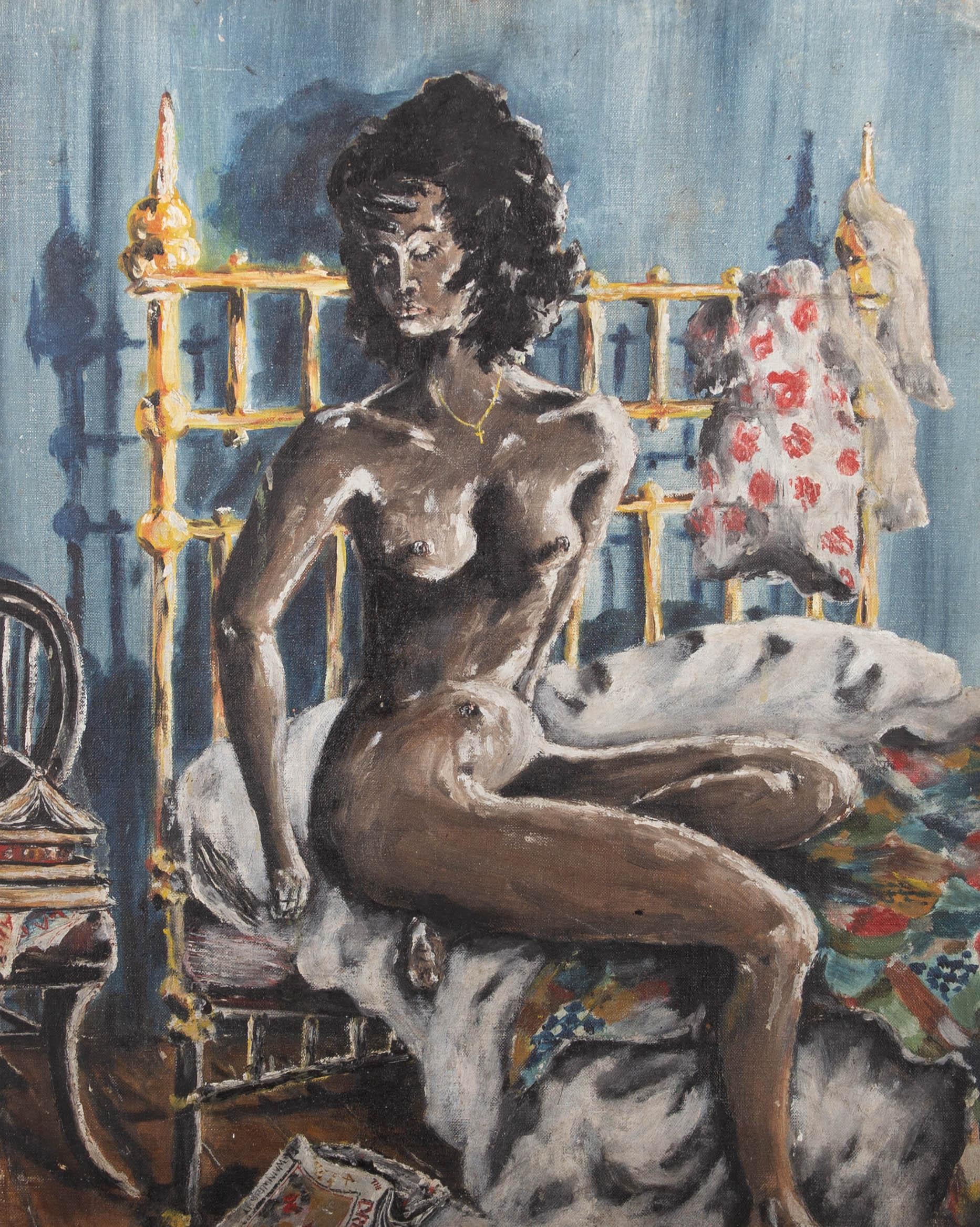 Portrait Painting Unknown - Huile du milieu du XXe siècle - Portrait d'une figure féminine nue dans une chambre
