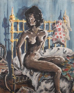 Huile du milieu du XXe siècle - Portrait d'une figure féminine nue dans une chambre