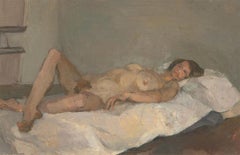 Vintage Mid 20th Century Oil - Reclined on White Bed Sheets