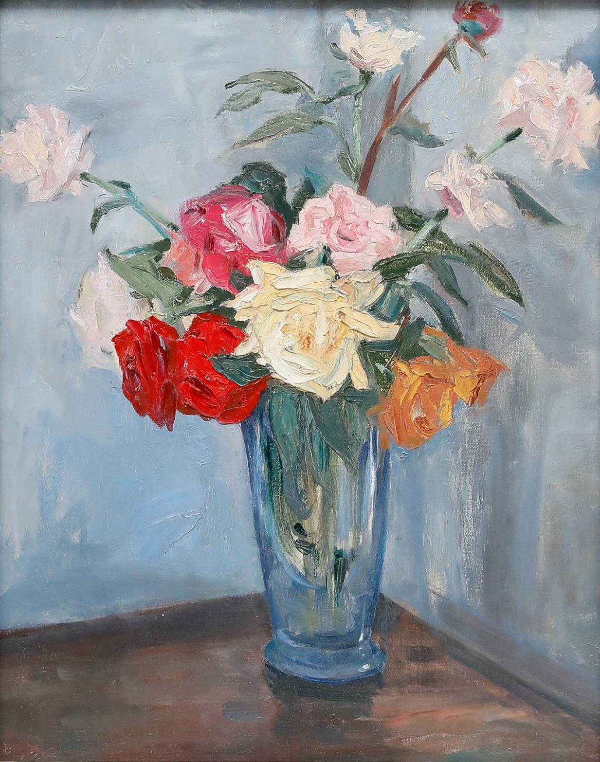 Mid 20th Century Oil - Roses in a Glass Vase - Painting by Unknown