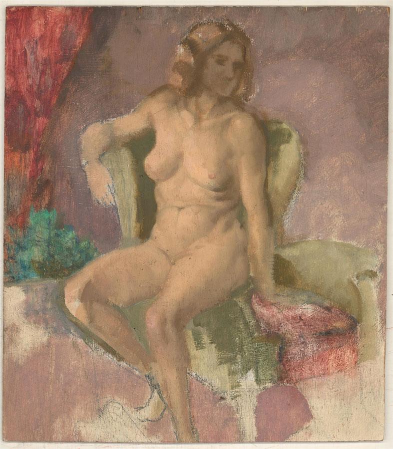 Mid 20th Century Oil - Seated Female Nude - Painting by Unknown