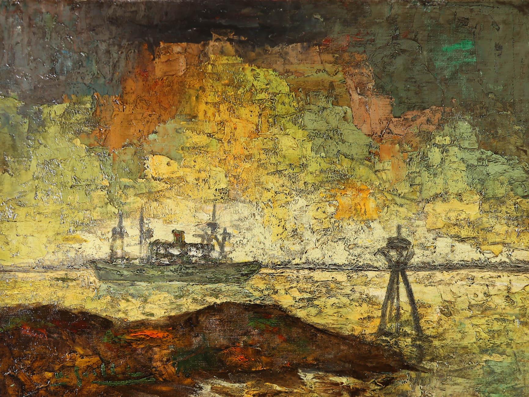 Mid 20th Century Oil - Ship at Sunset - Painting by Unknown