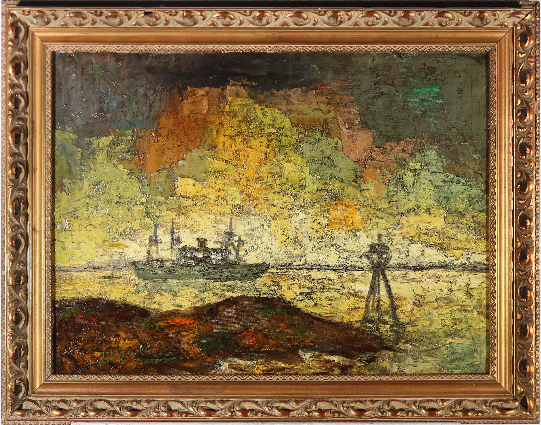 Unknown Figurative Painting - Mid 20th Century Oil - Ship at Sunset