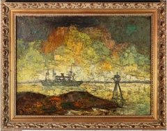 Mid 20th Century Oil - Ship at Sunset