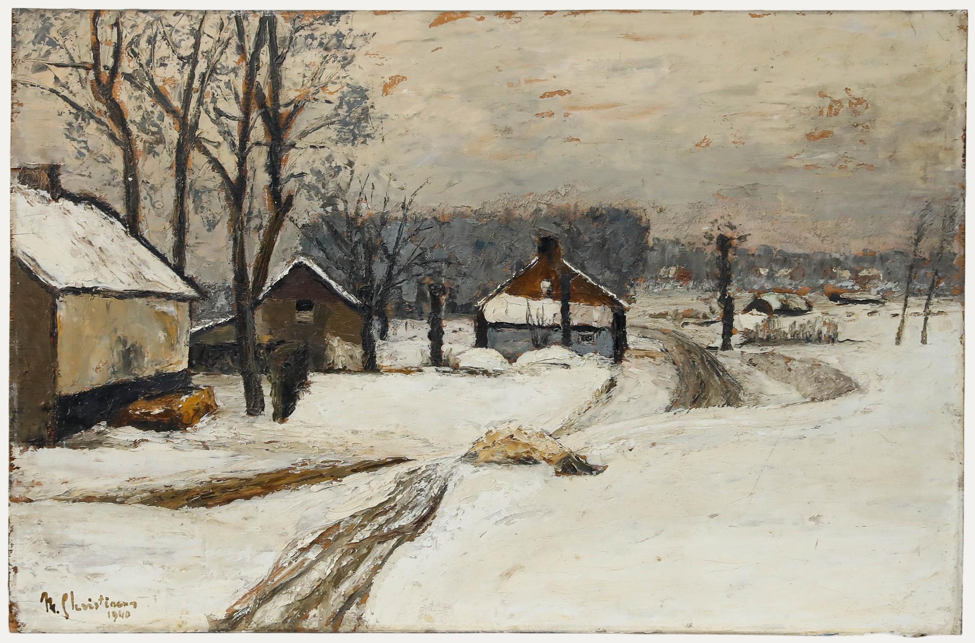 Mid 20th Century Oil - Snowy Village