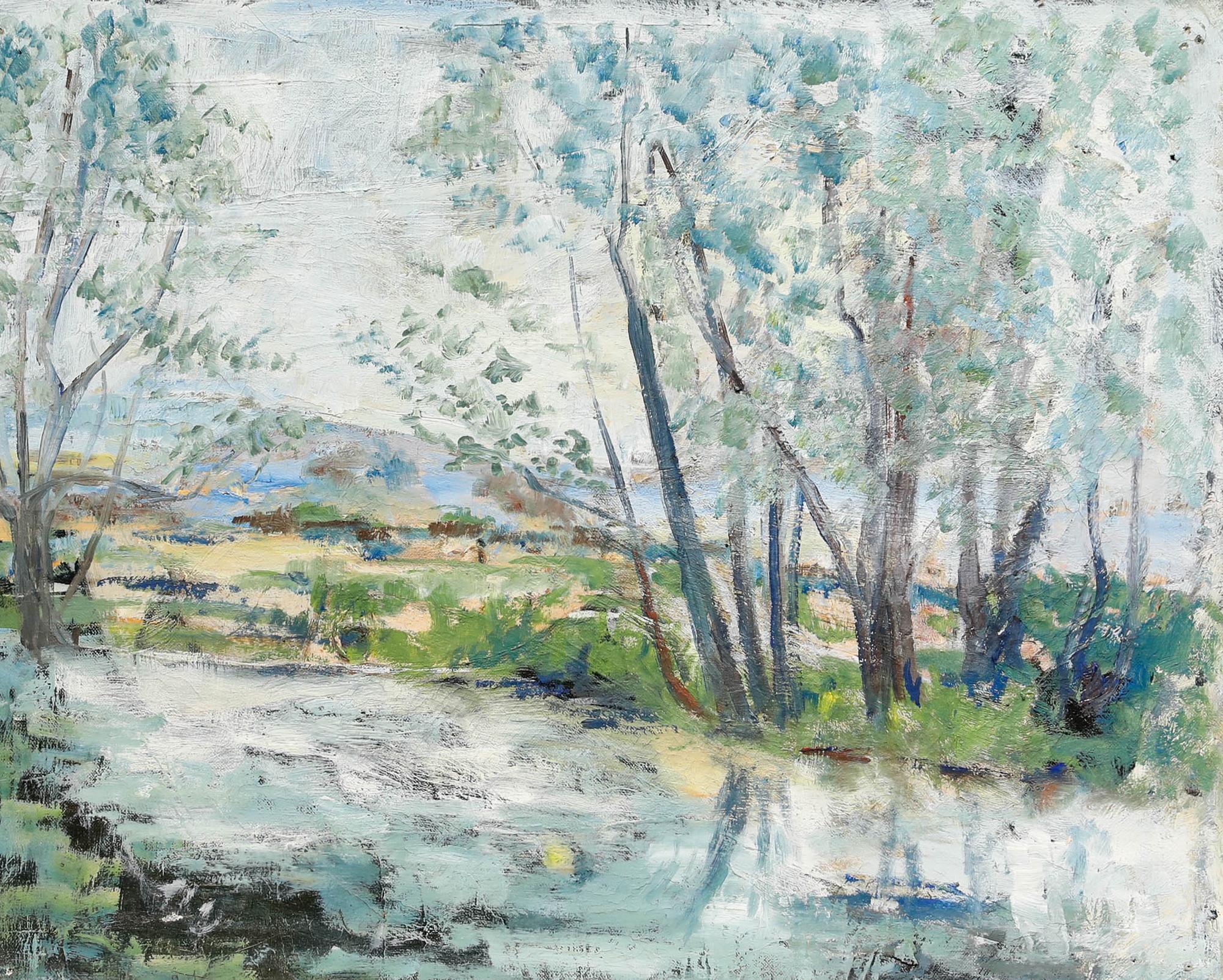 Öl aus der Mitte des 20. Jahrhunderts - Frühling am Flussufer – Painting von Unknown