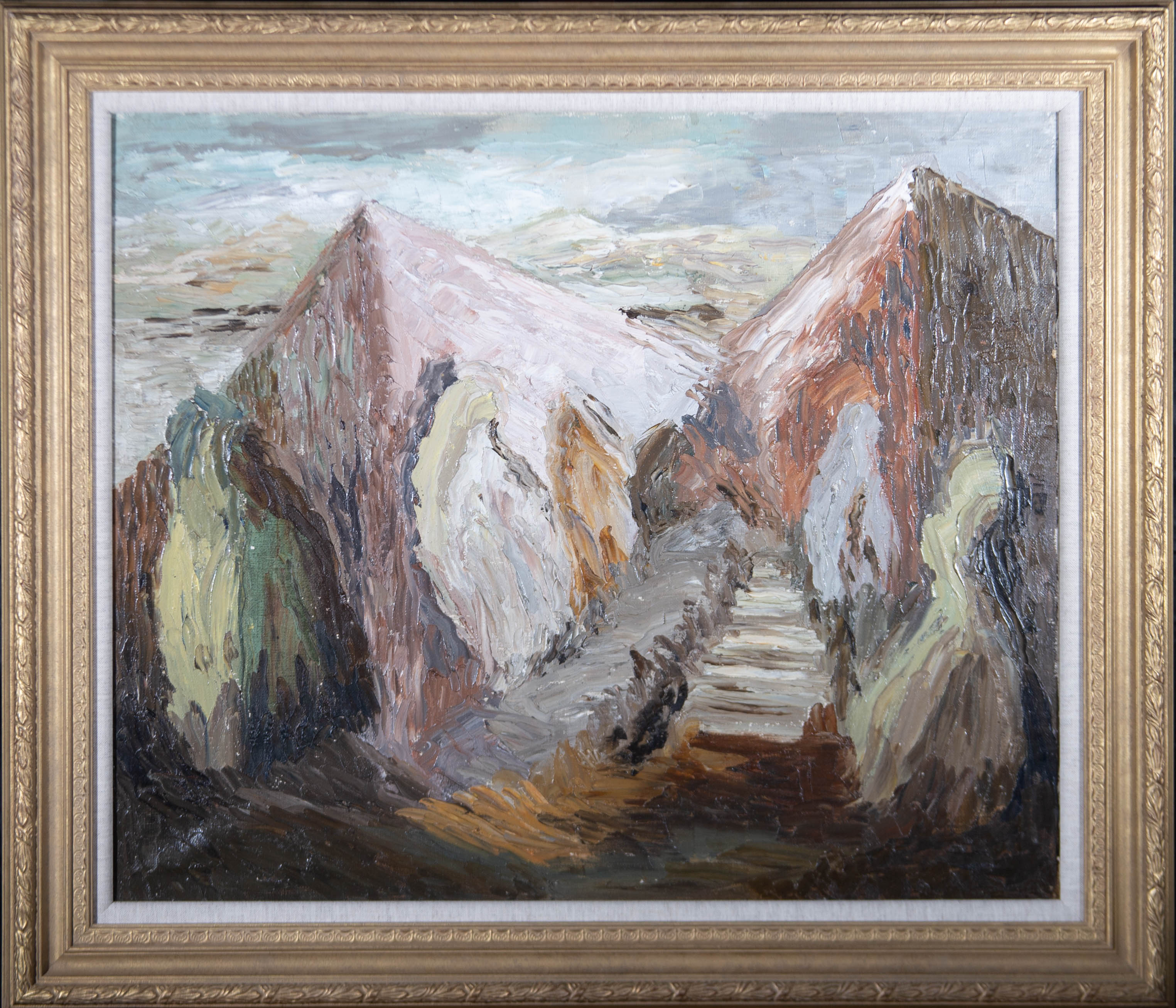 Unknown Landscape Painting - Mid 20th Century Oil - Stairway Into The Mountain