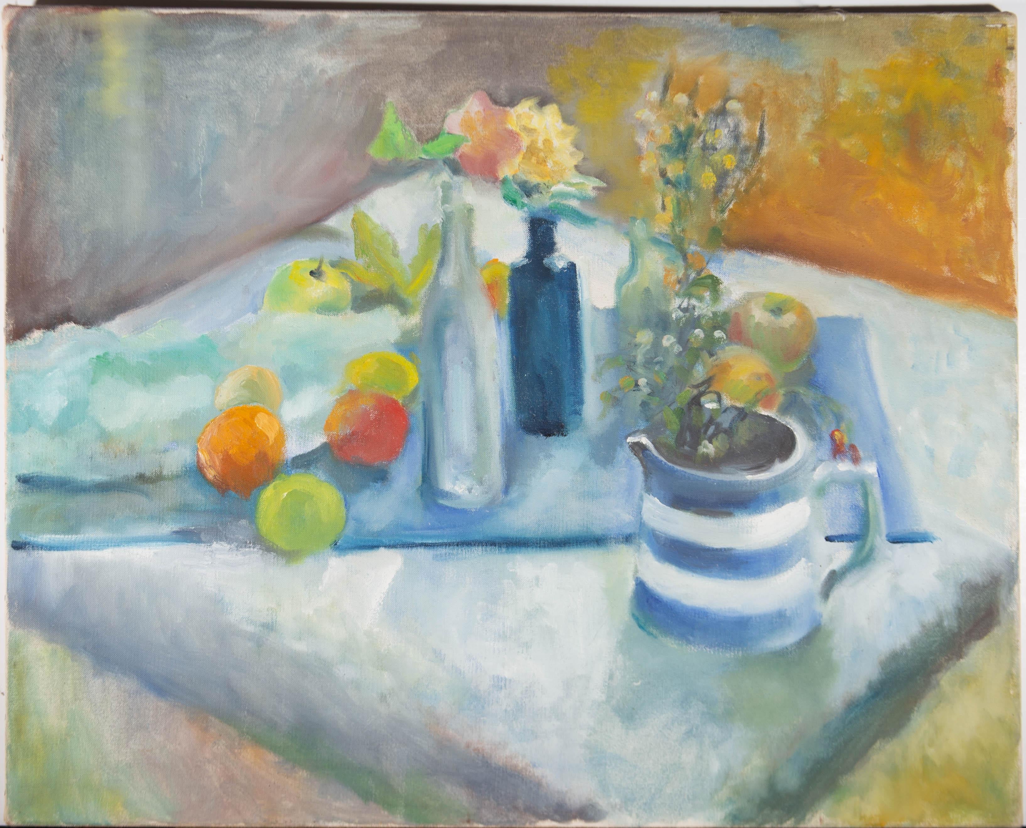 Mid 20th Century Oil - Still Life of a Vase and Fruit - Painting by Unknown