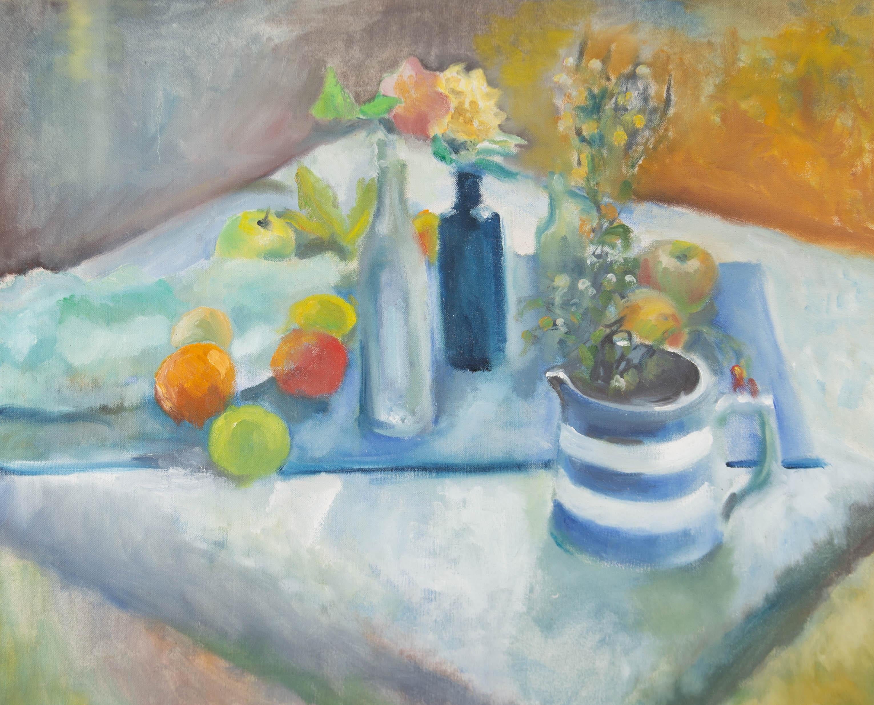 Unknown Still-Life Painting - Mid 20th Century Oil - Still Life of a Vase and Fruit