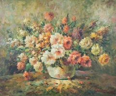 Mid 20th Century Oil - Still Life of Flowers in White Vase