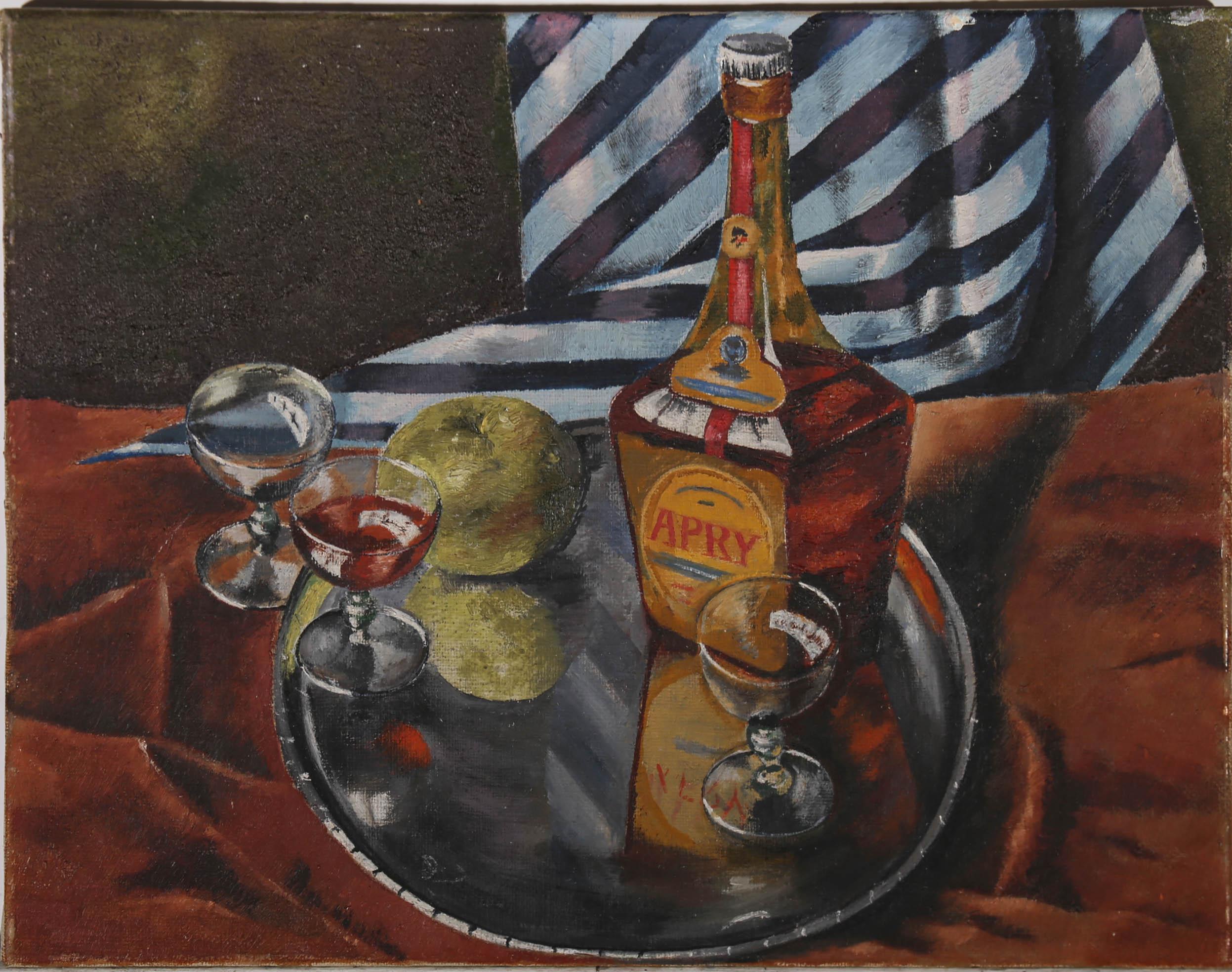 Mid 20th Century Oil - Still Life of Liquor, Glasses and an Apple - Painting by Unknown