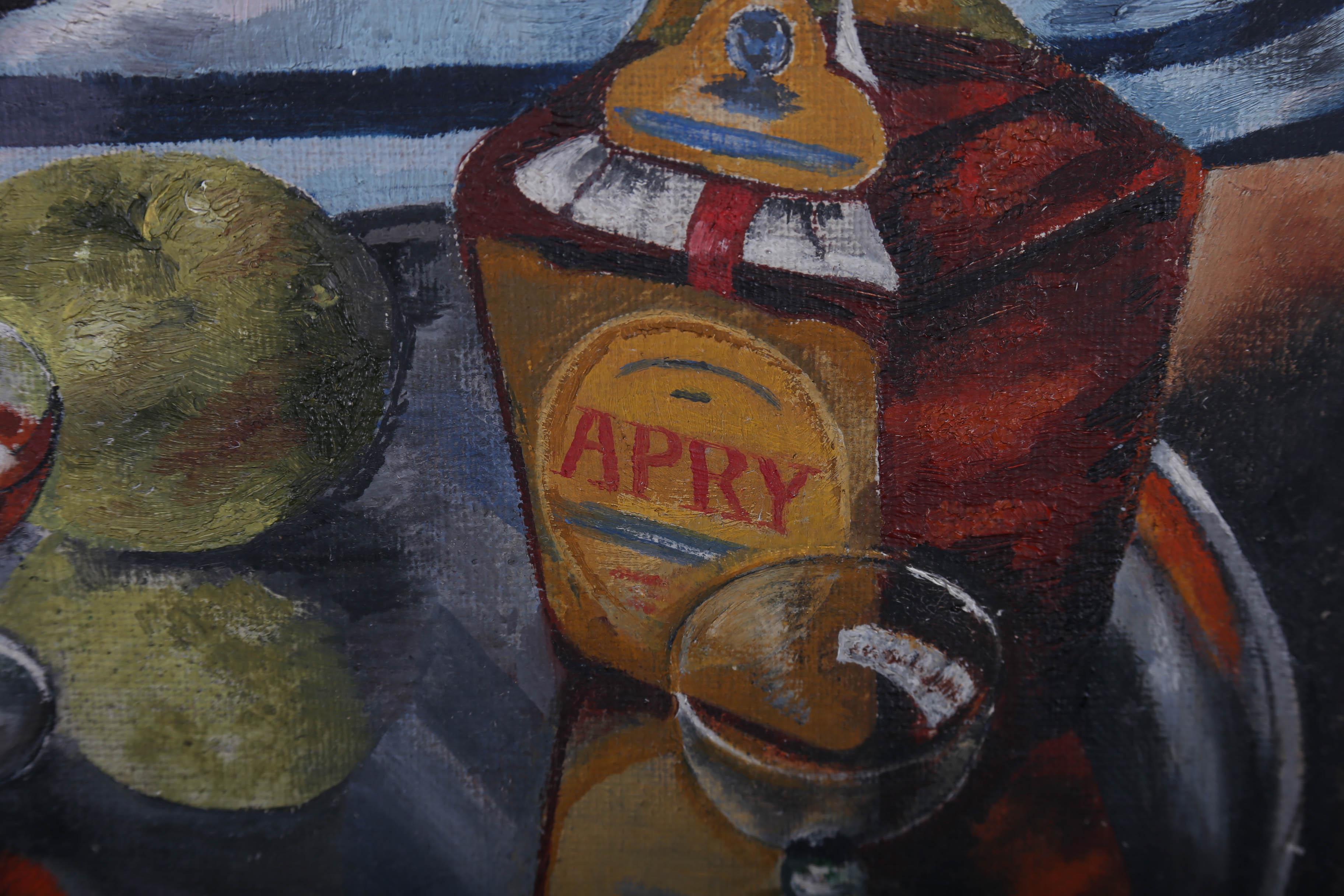 Mid 20th Century Oil - Still Life of Liquor, Glasses and an Apple For Sale 1