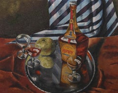 Huile du milieu du XXe siècle - Nature morte de liqueur, de verres et d'une pomme