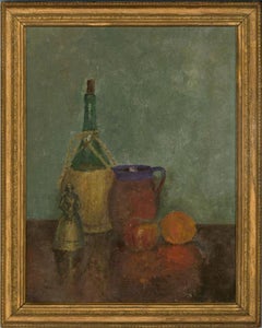 Vintage Mid 20th Century Oil - Still Life with Fruit, Bottle and Jar