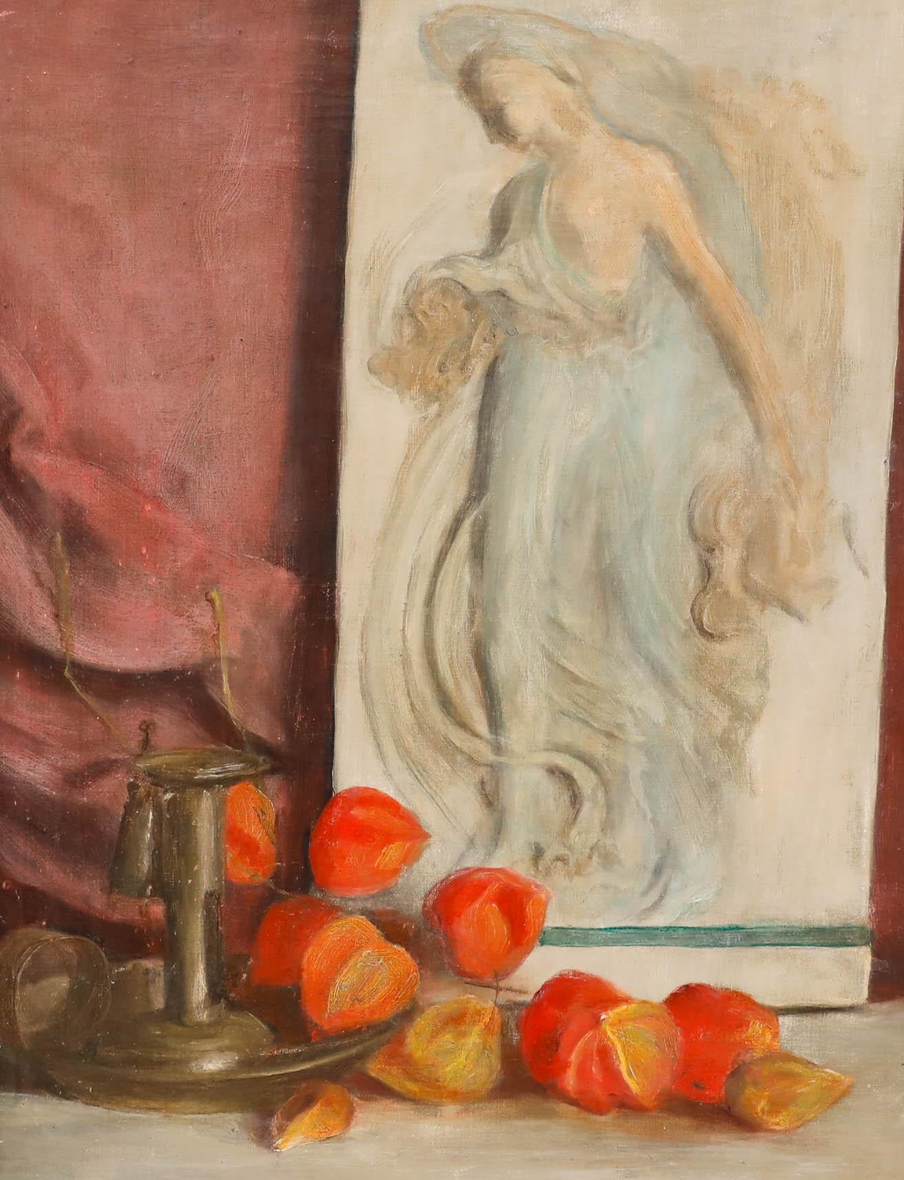 Huile du milieu du 20e siècle - Nature morte avec plaque de plâtre en relief - Painting de Unknown