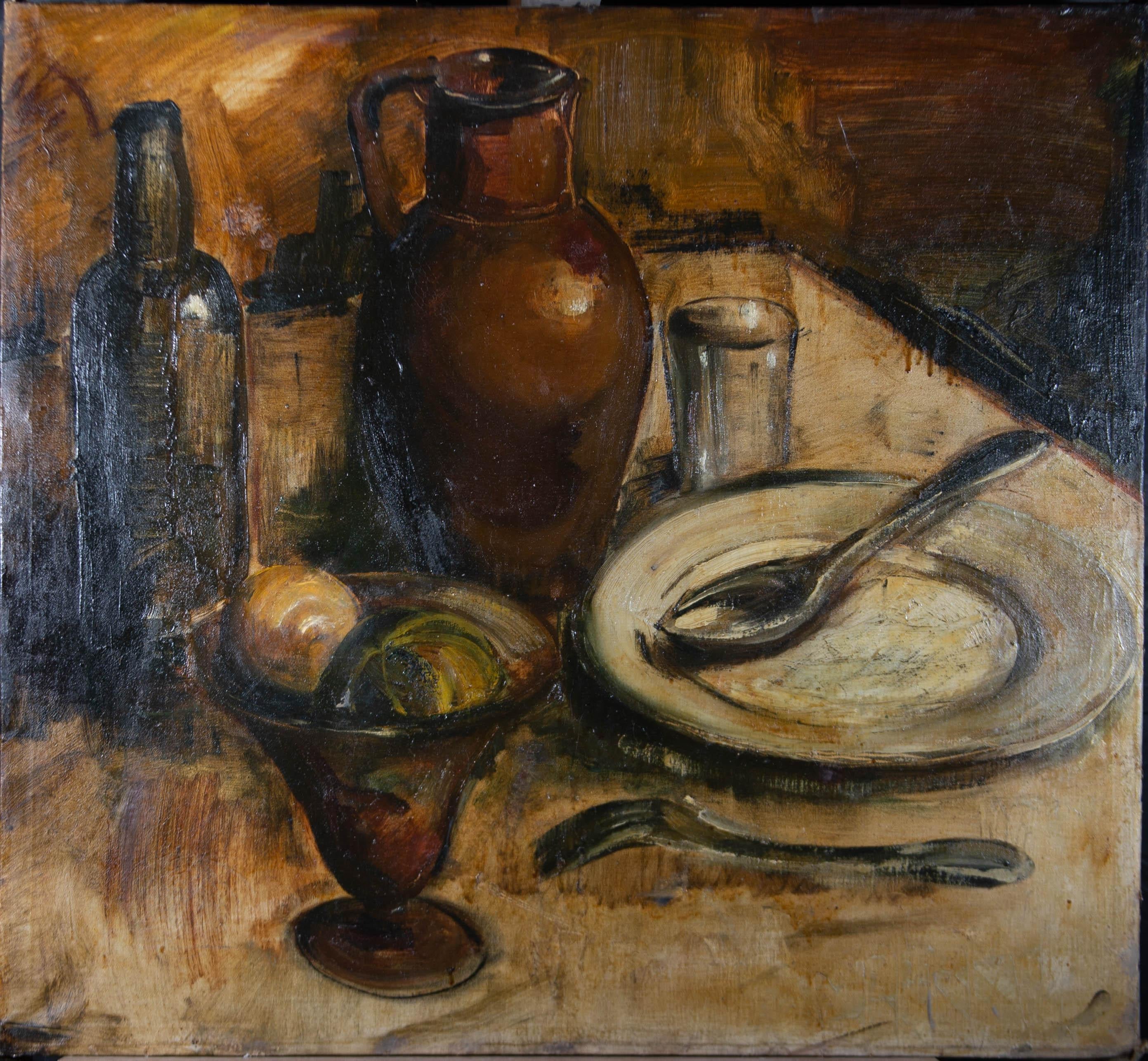 Mid 20th Century Oil - Still Life with Plate & Jug - Painting by Unknown