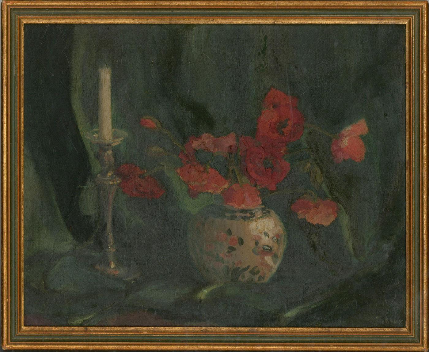 A pretty still life in oil showing a brass candlestick and a patterned vase full of poppies, sitting on green velvet drapery.

The artist has signed indistinctly to the lower right corner and the painting has been presented in a gilt effect frame