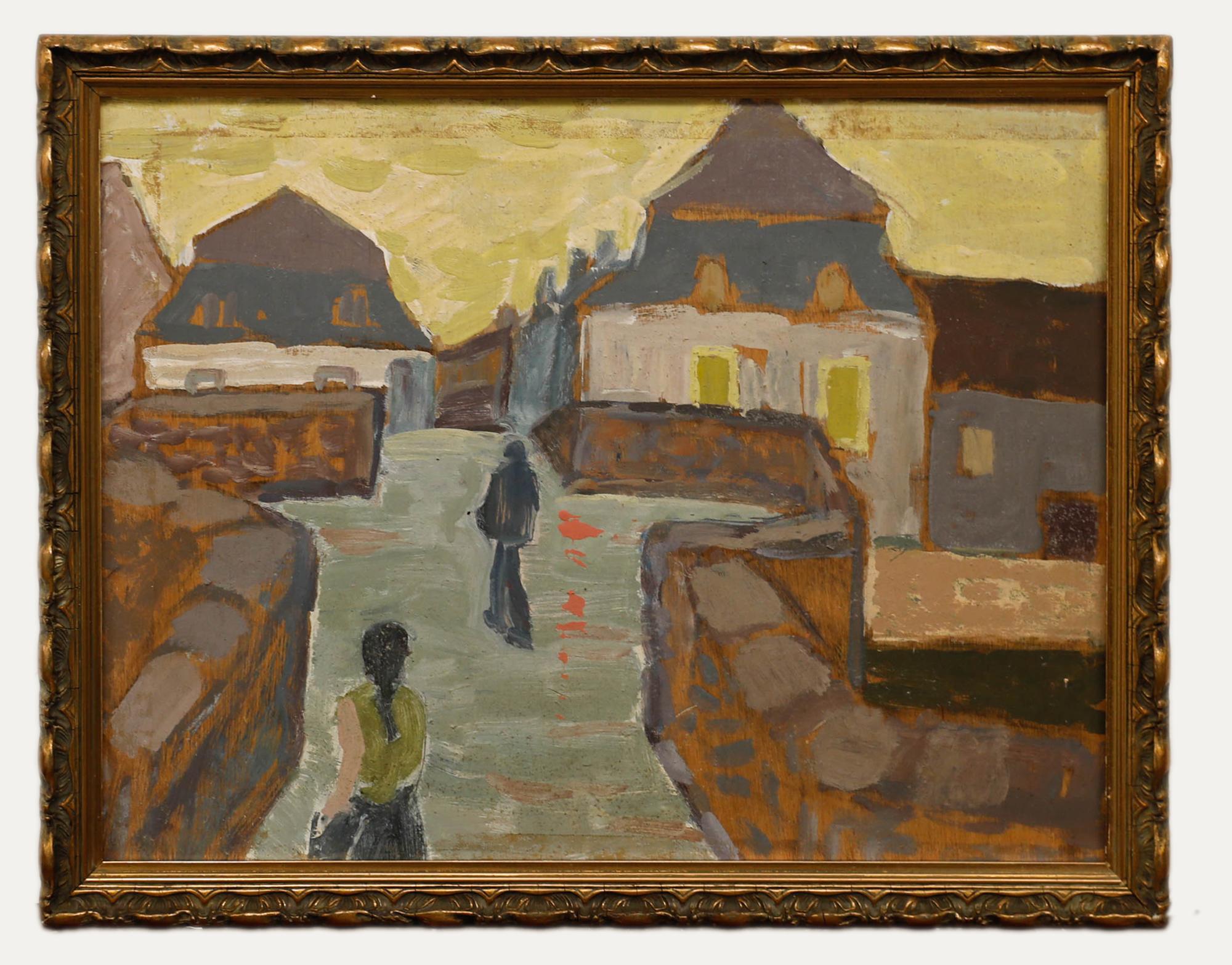 Landscape Painting de Unknown - Óleo de mediados del siglo XX - Calle al atardecer