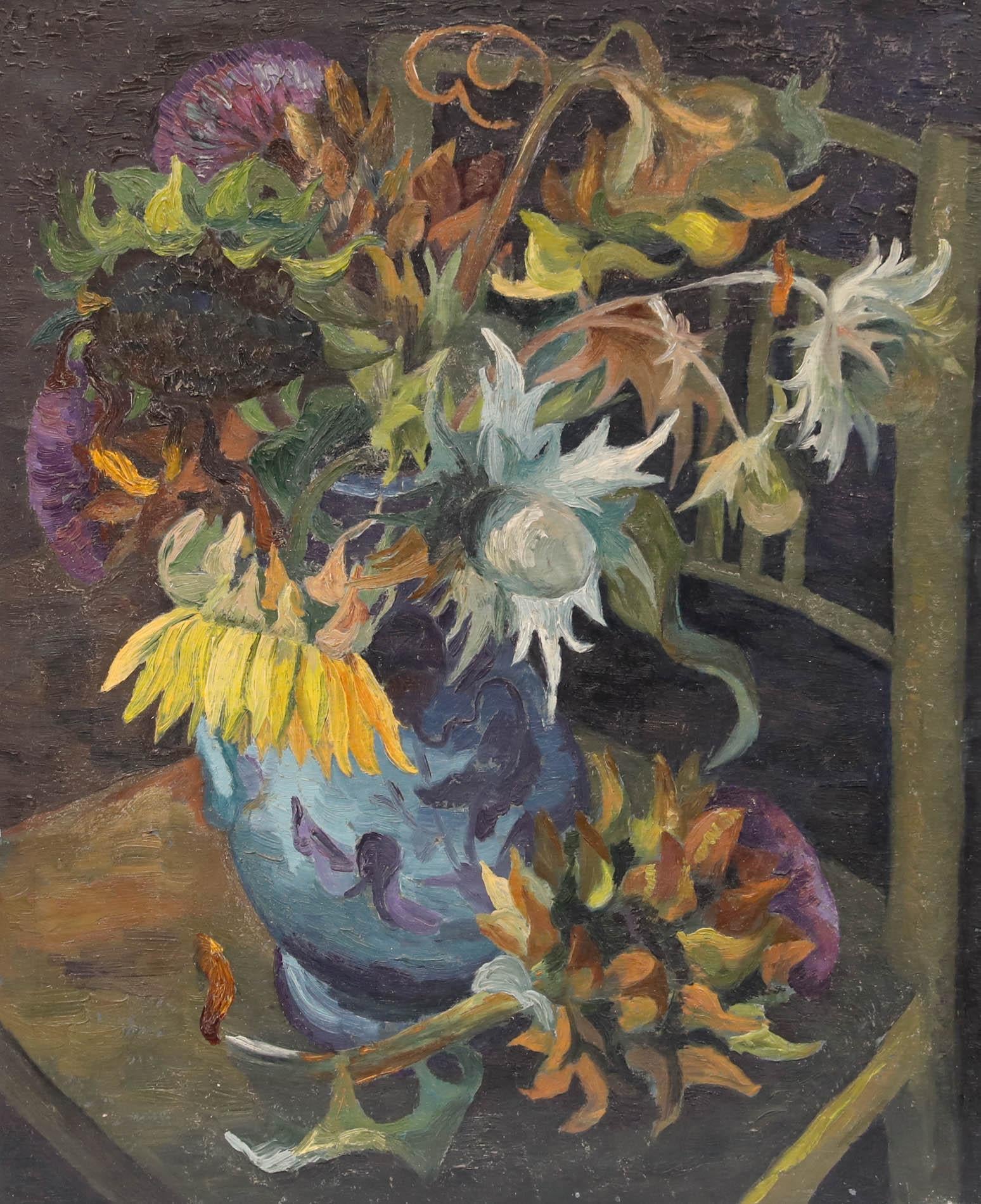 Óleo de mediados del siglo XX - Girasoles y cardos morados - Painting de Unknown