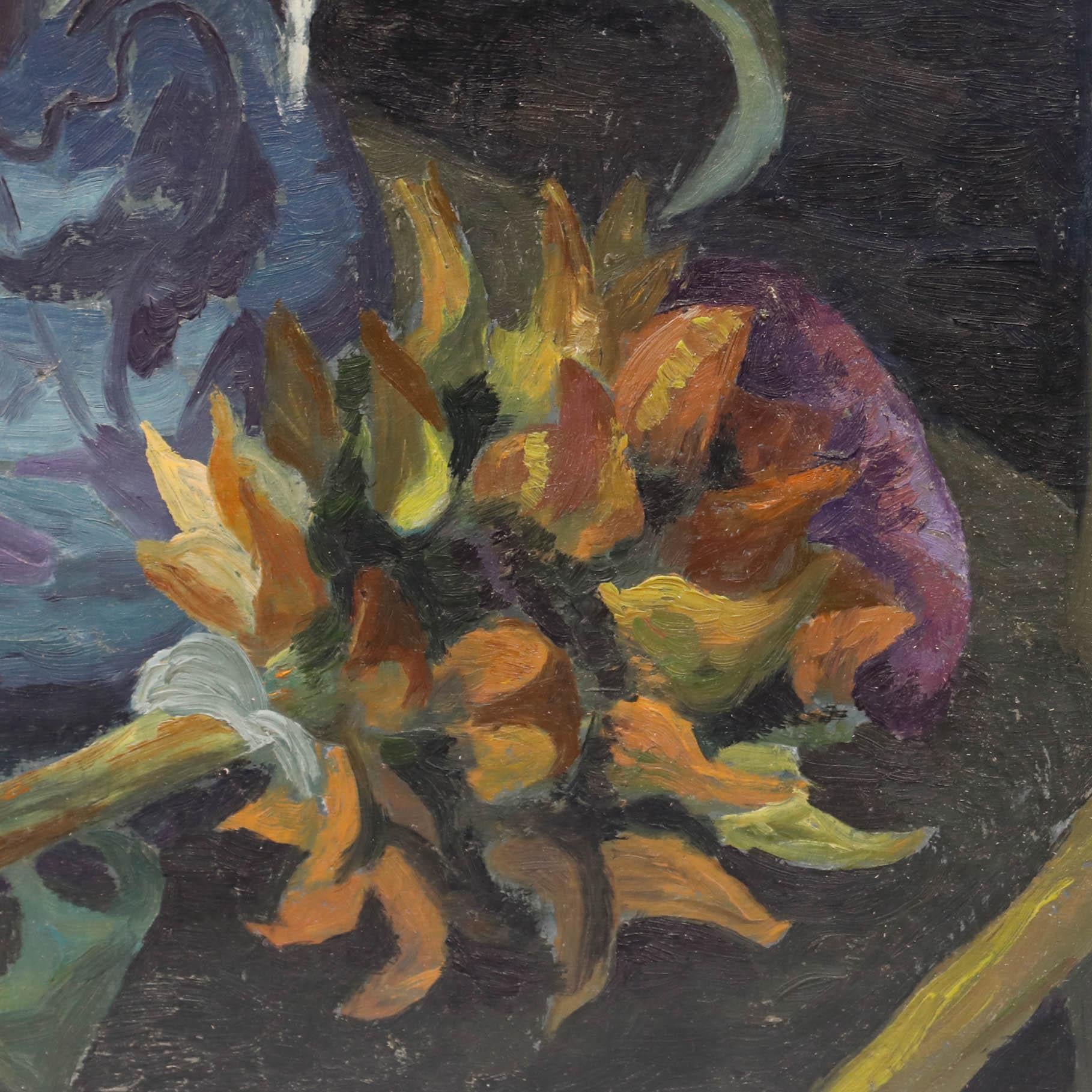 Óleo de mediados del siglo XX - Girasoles y cardos morados - Still-Life Painting Gris de Unknown