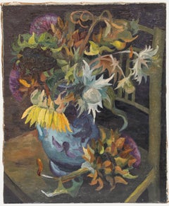 Óleo de mediados del siglo XX - Girasoles y cardos morados
