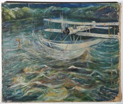 Mid 20th Century Oil - Surreal Plane Landing on Loch Ness