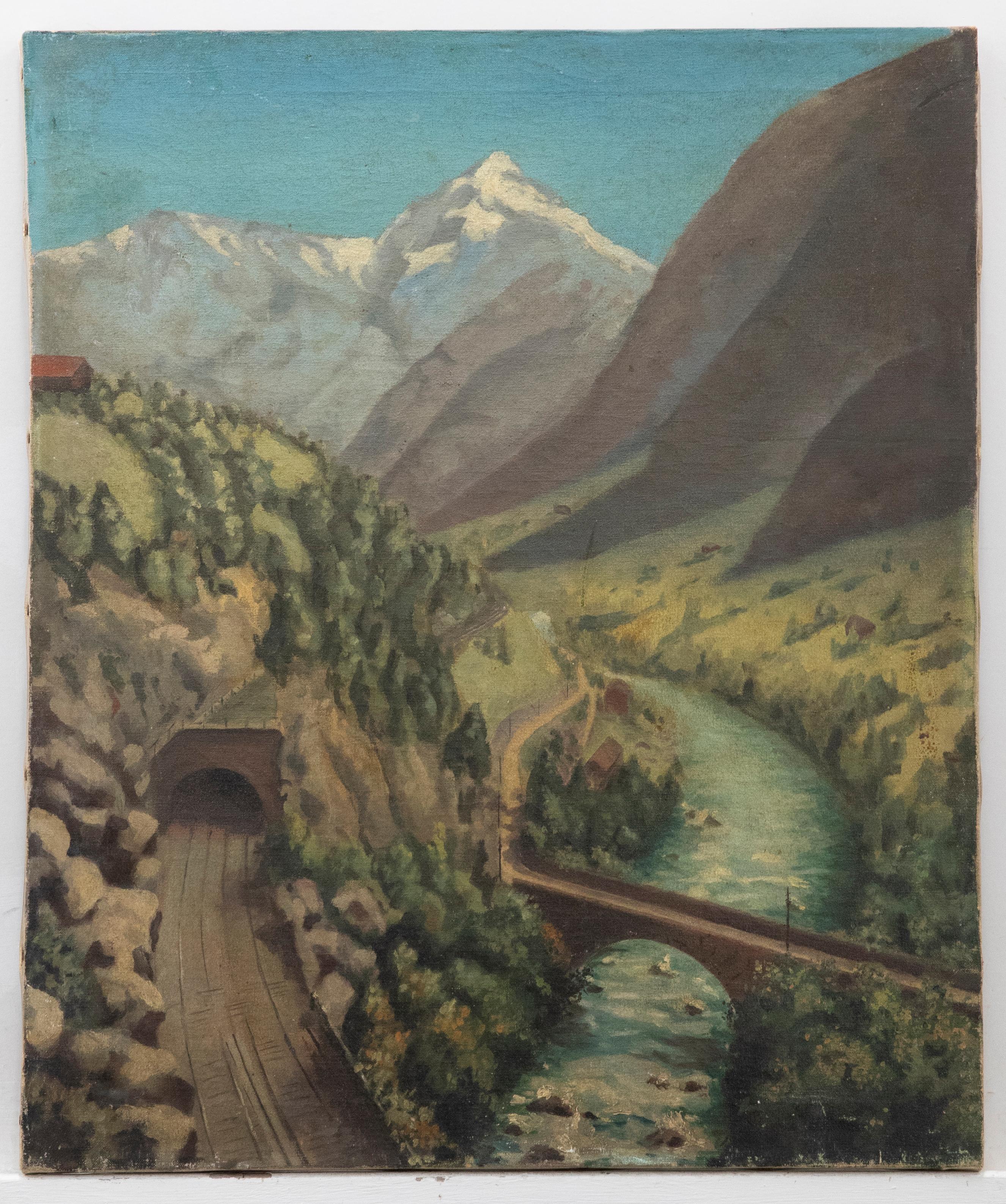 Mid 20th Century Oil - Swiss Mountain Pass - Painting by Unknown