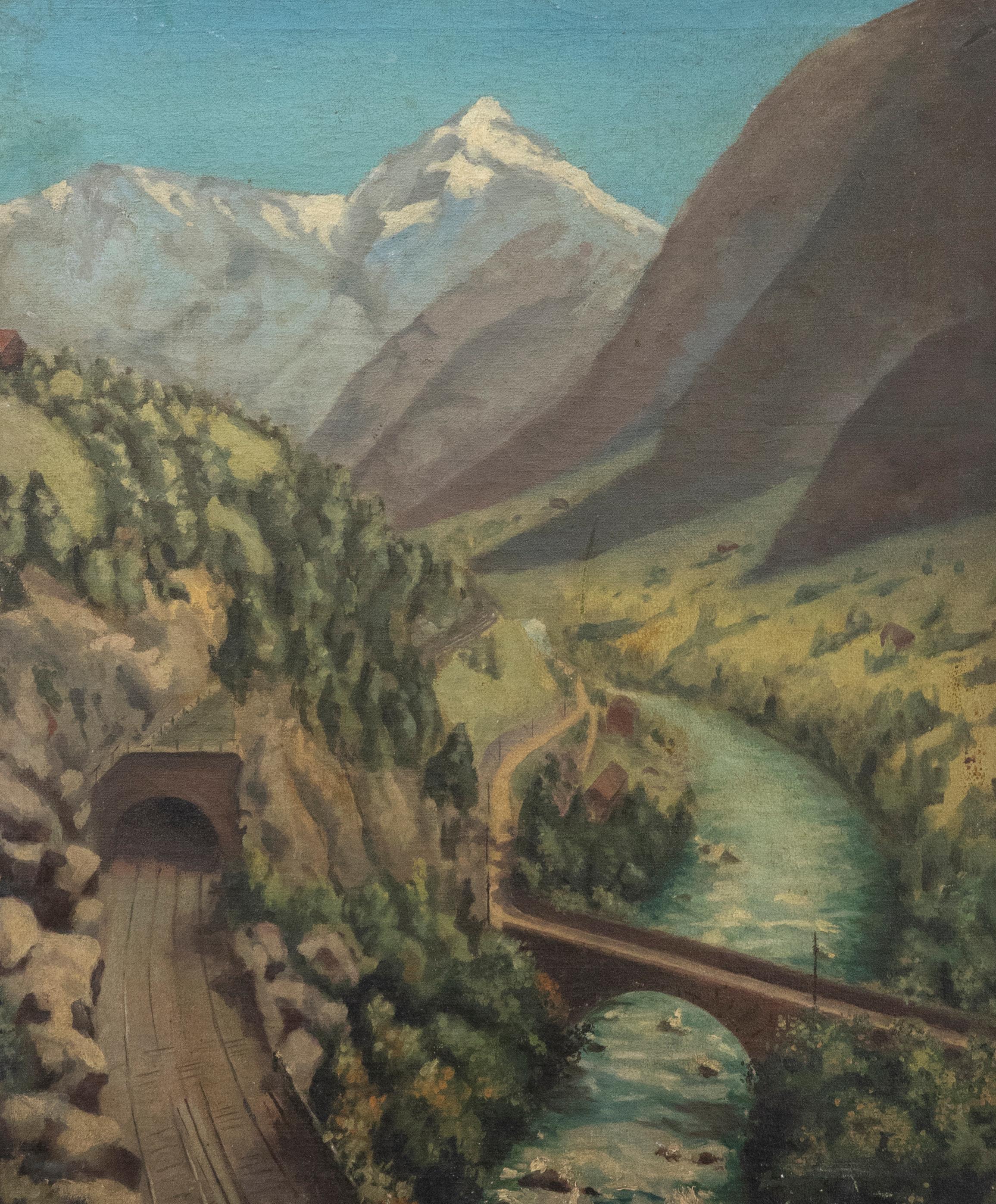 Unknown Landscape Painting – Öl aus der Mitte des 20. Jahrhunderts - Schweizer Bergpass