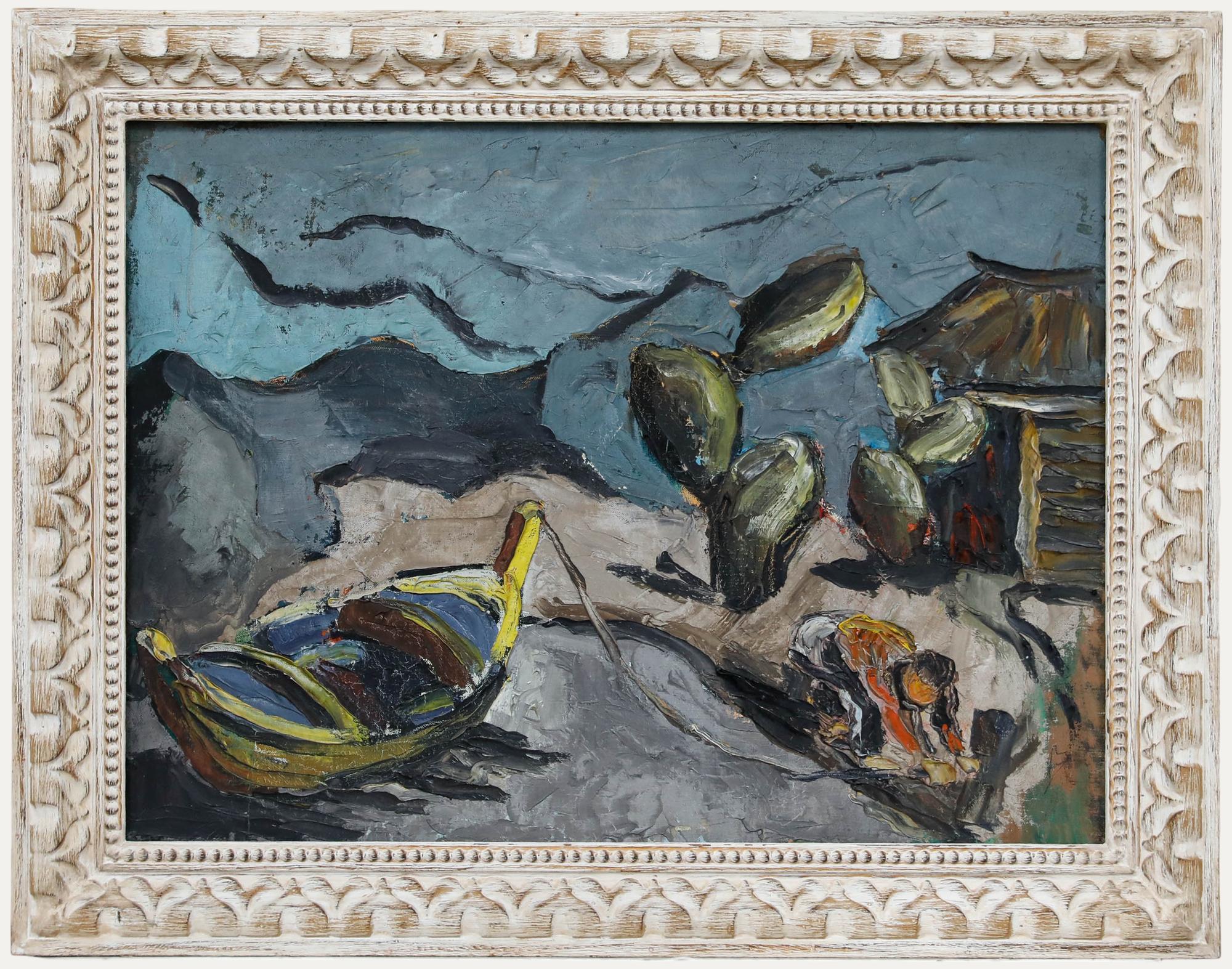Unknown Figurative Painting - Mid 20th Century Oil - Tethering the Boat