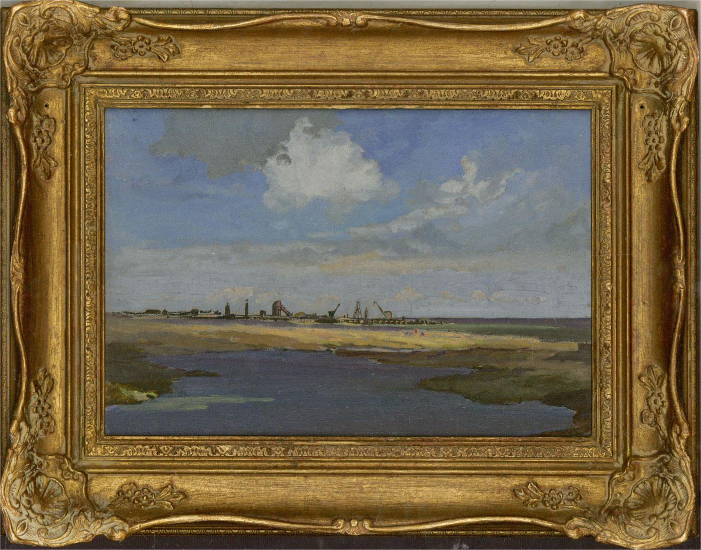 Mid 20th Century Oil - Thames at Tilbury - Brown Figurative Painting by Unknown