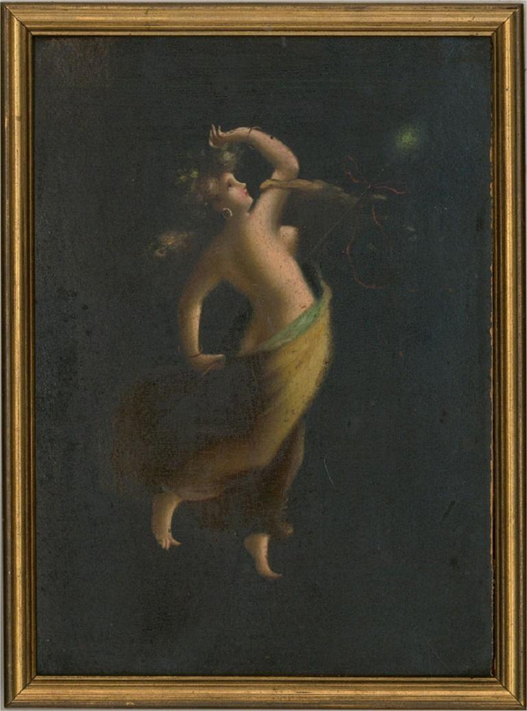 A delicate allegorical nude of a beautiful woman dancing in a darkened void. She is holding a staff with red ribbon and a glowing light at one end. The painting is unsigned and presented in a simple gilt frame. On board.

