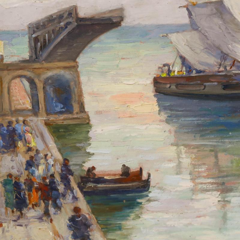 A charming depiction of an eagerly anticipated passenger ship arriving to the cheers of a large crowd. Illegibly signed to the lower right and dated 1943. On board. Image size: 33 x 49cm.