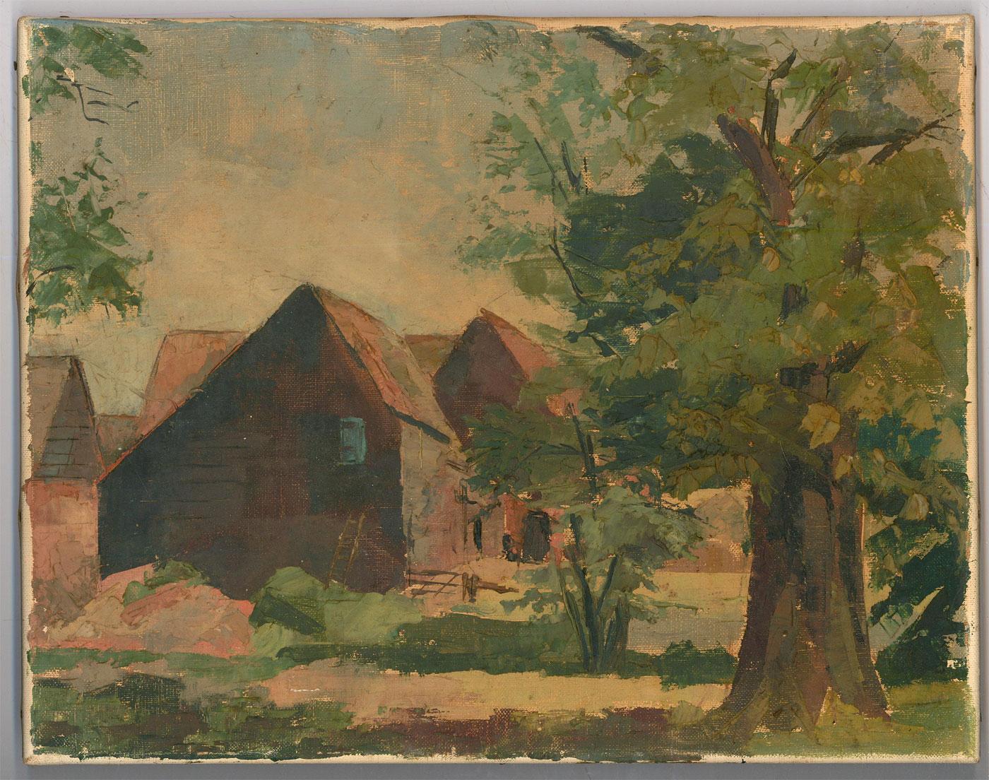 Olio della metà del XX secolo - Il fienile in estate - Landscape Painting Marrone di Unknown