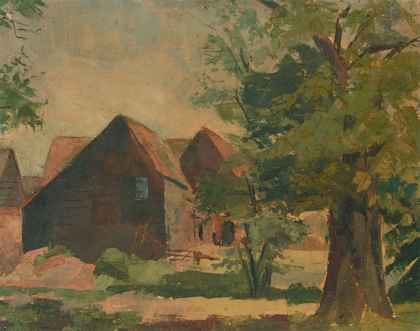 Unknown Landscape Painting - Mid 20th Century Oil - The Barn in Summer