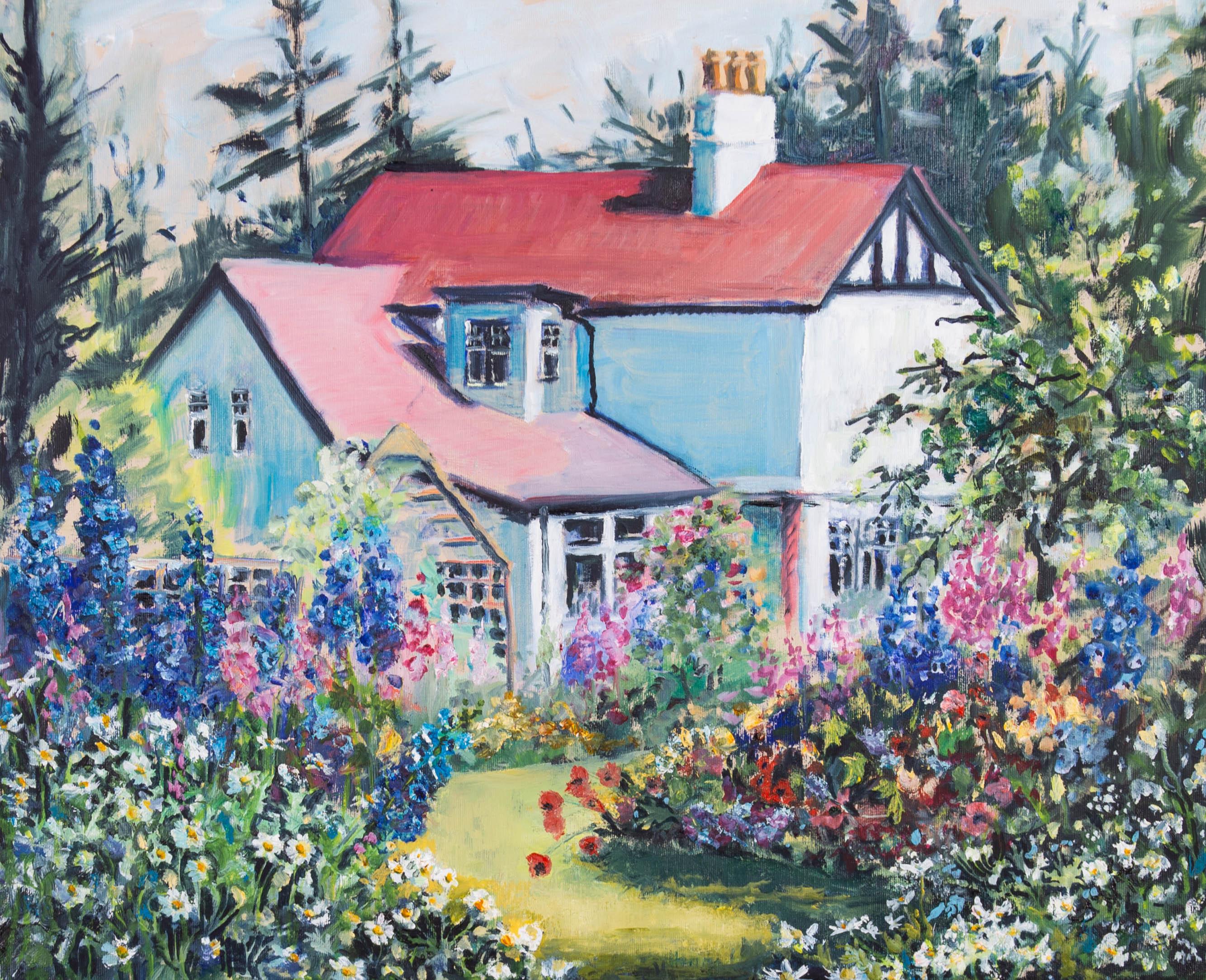 Mid 20th Century Oil - The Cottage Amongst the Flowers - Painting by Unknown