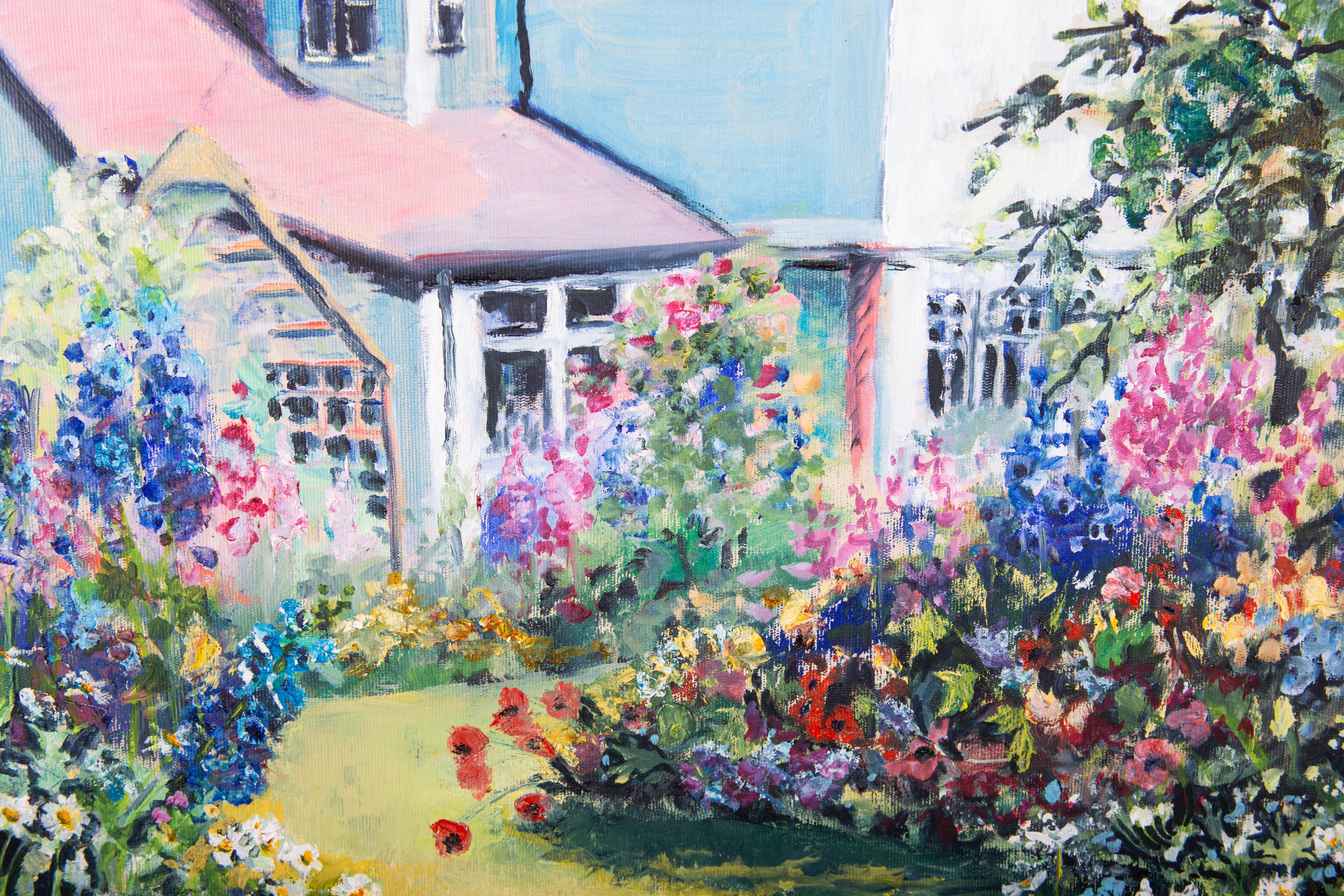 A charming oil on canvas of a brightly coloured garden consisting of daisies, poppies and foxgloves with a cottage hidden amongst it. Unsigned. On canvas on stretchers.
















