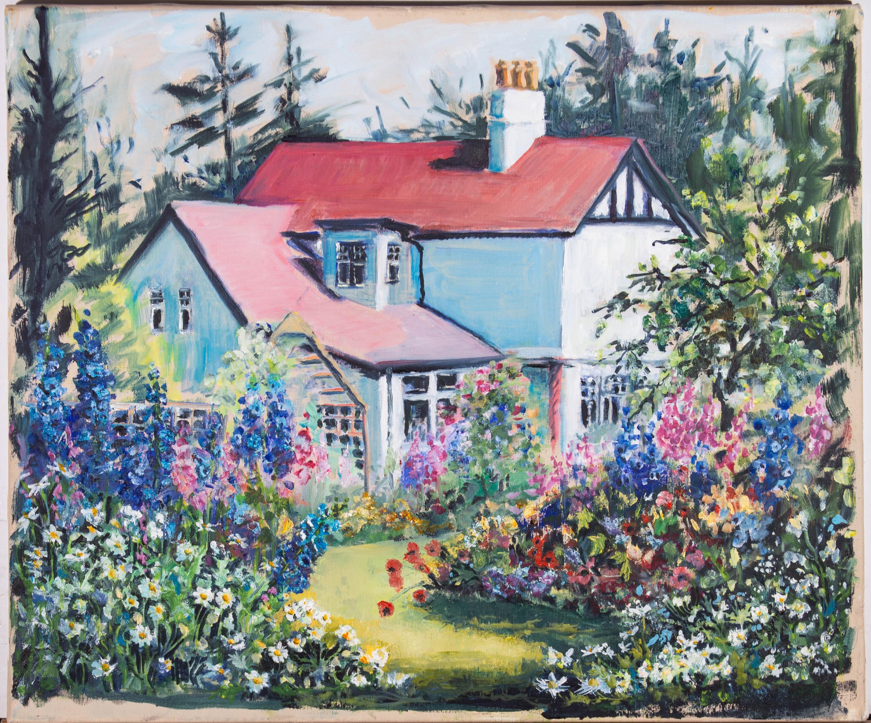 Unknown Landscape Painting - Mid 20th Century Oil - The Cottage Amongst the Flowers