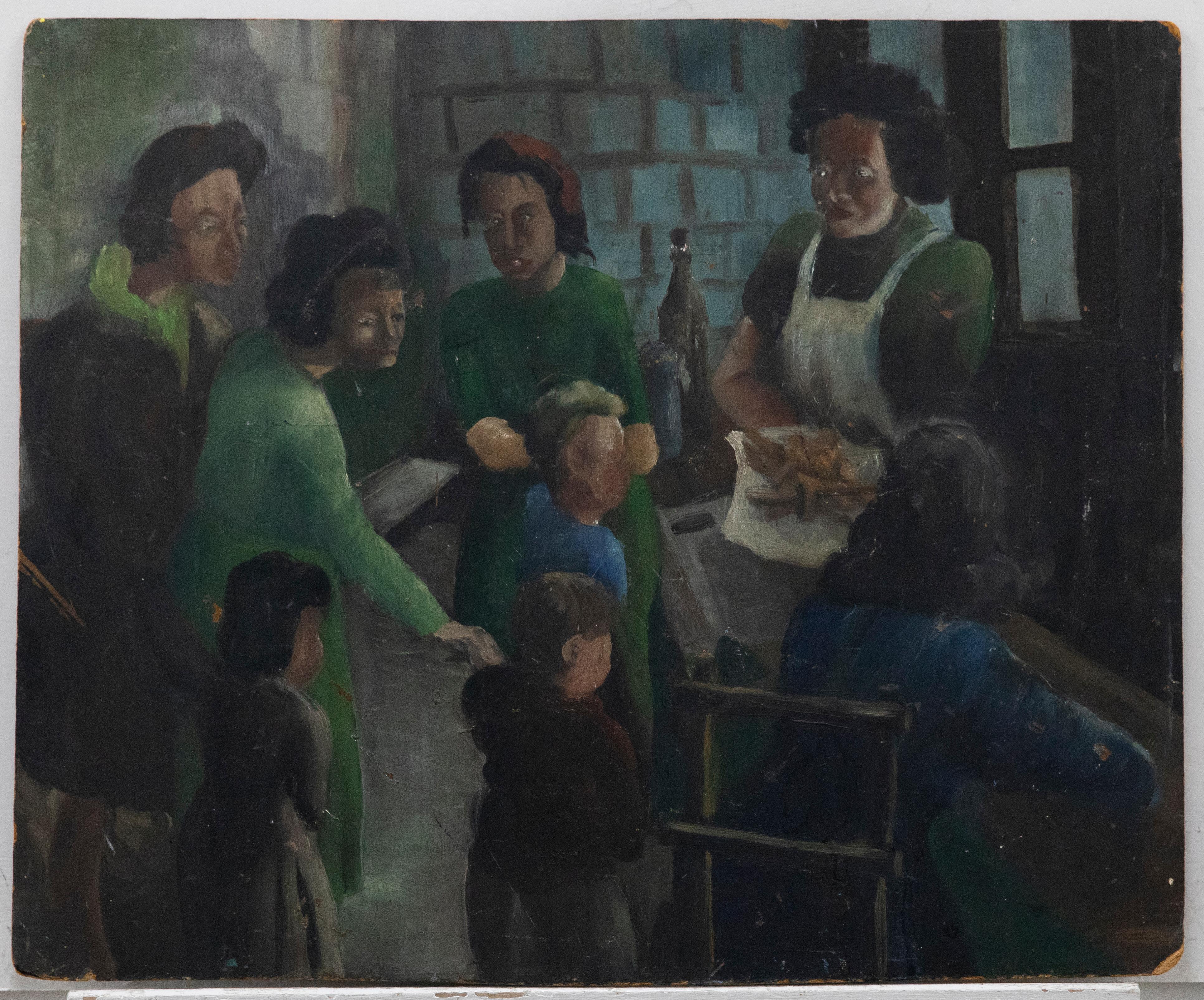 Mid 20th Century Oil - The Fish & Chip Shop - Painting by Unknown