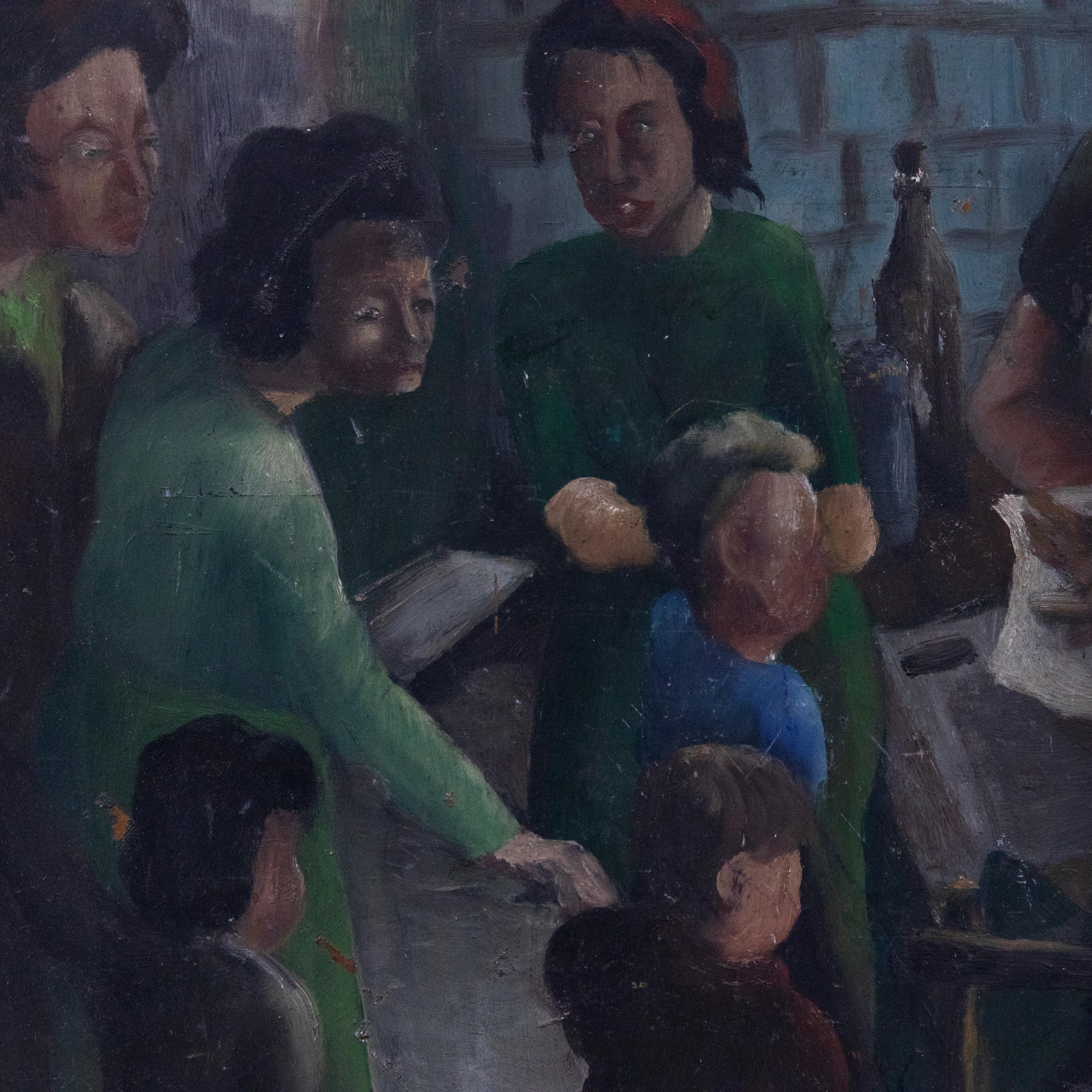 A wonderful mid-century study of a busy fish & chip shop - a staple of the British high street. Mothers and children are depicted crowding the shop as they await their food. The artist has completed the composition with a naive sensibility that adds