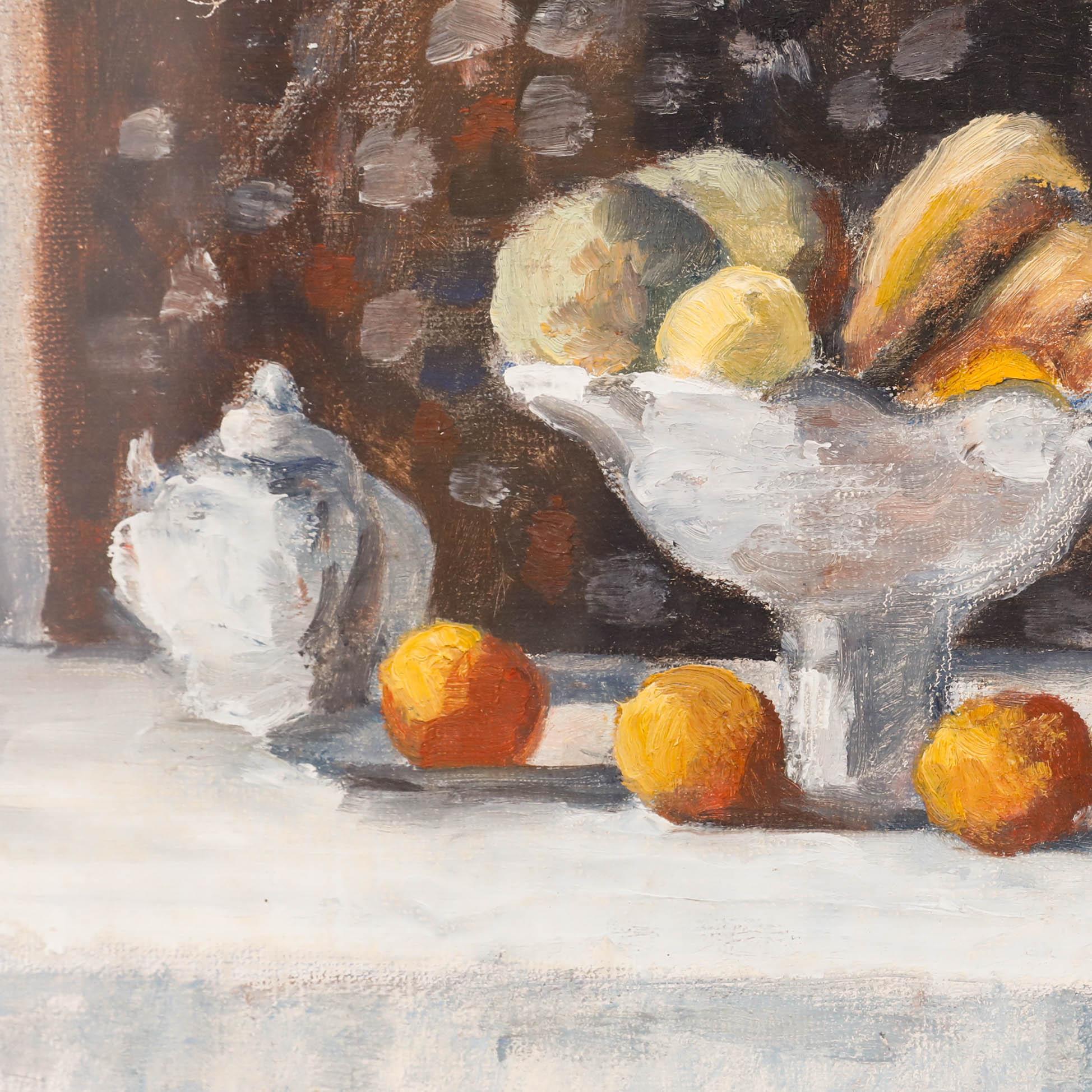 A delightful study of a scalloped ceramic bowl holding a variety of fruit. Unsigned. Presented in a gilt frame. On canvas.
