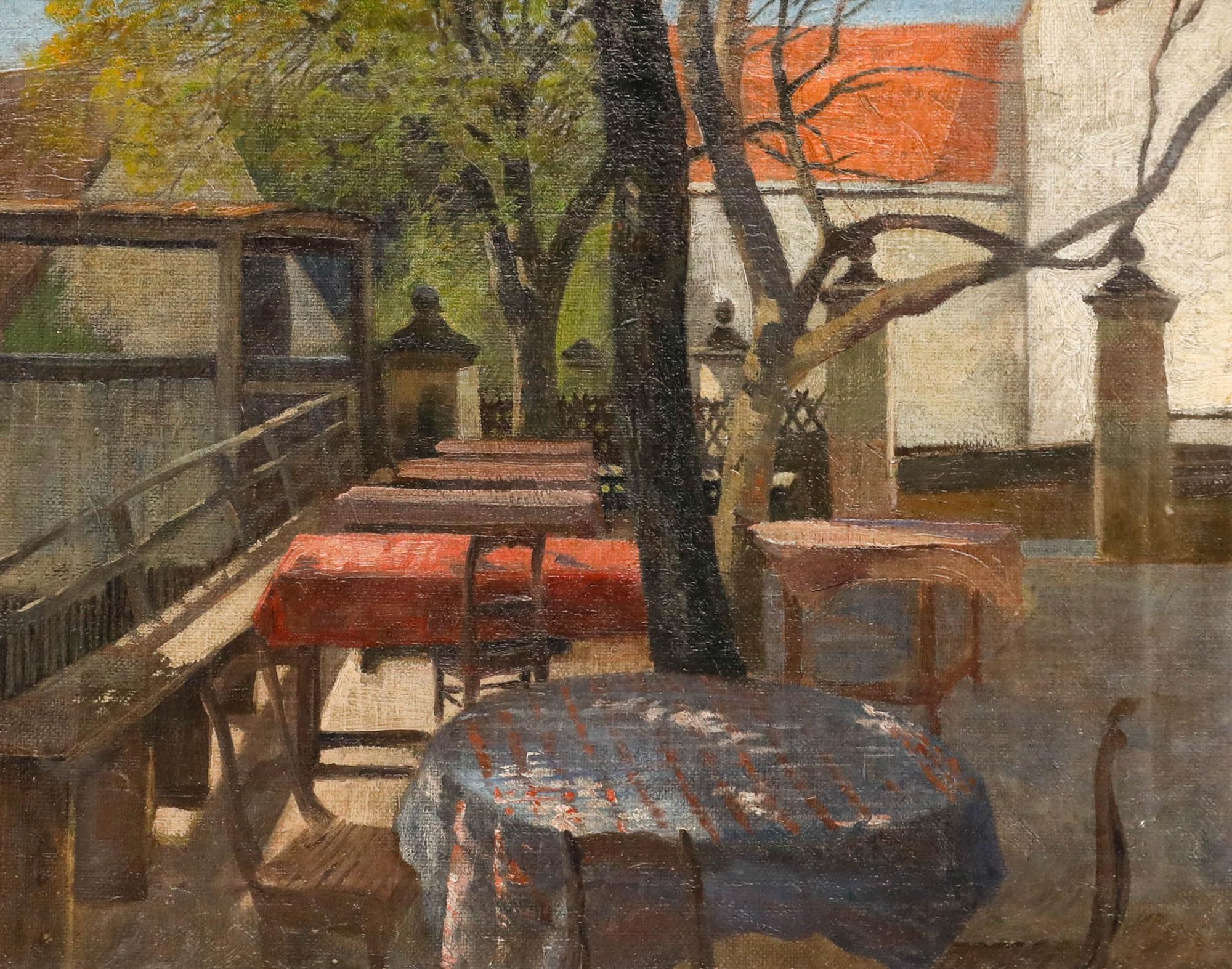 Öl aus der Mitte des 20. Jahrhunderts - Die Terrasse im Sommer – Painting von Unknown