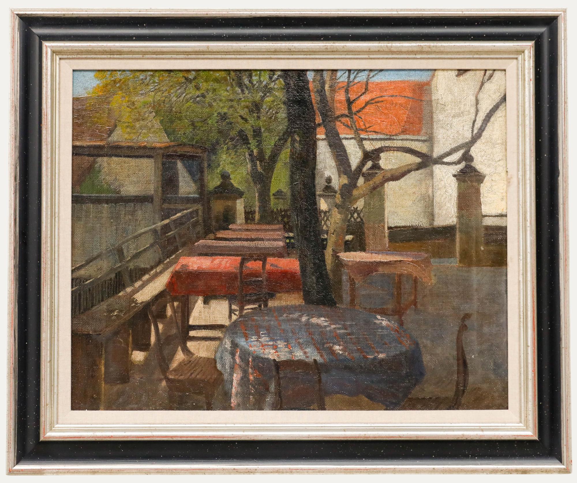 Öl aus der Mitte des 20. Jahrhunderts - Die Terrasse im Sommer
