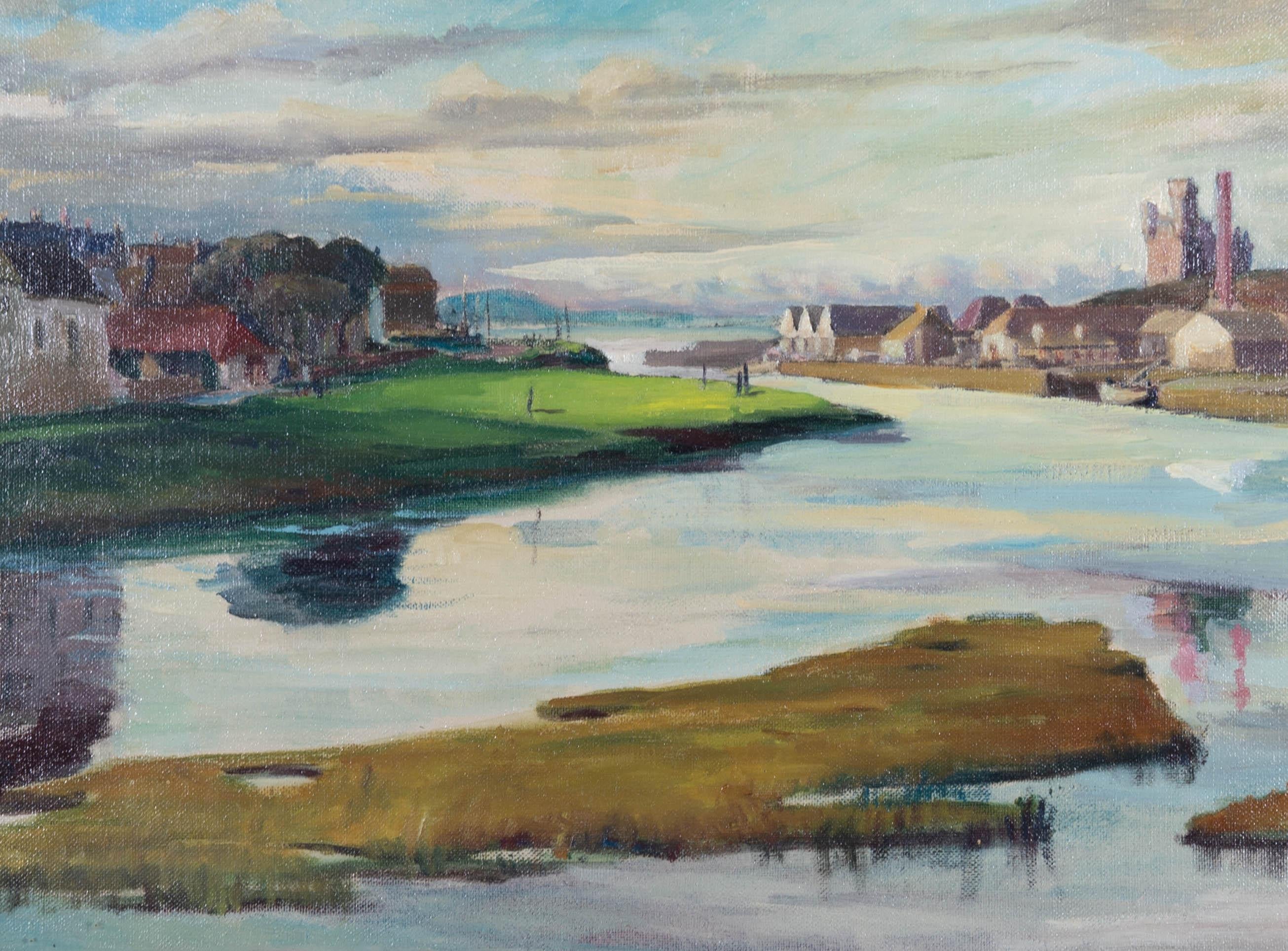 Mid 20th Century Oil - Town on the Estuary - Painting by Unknown