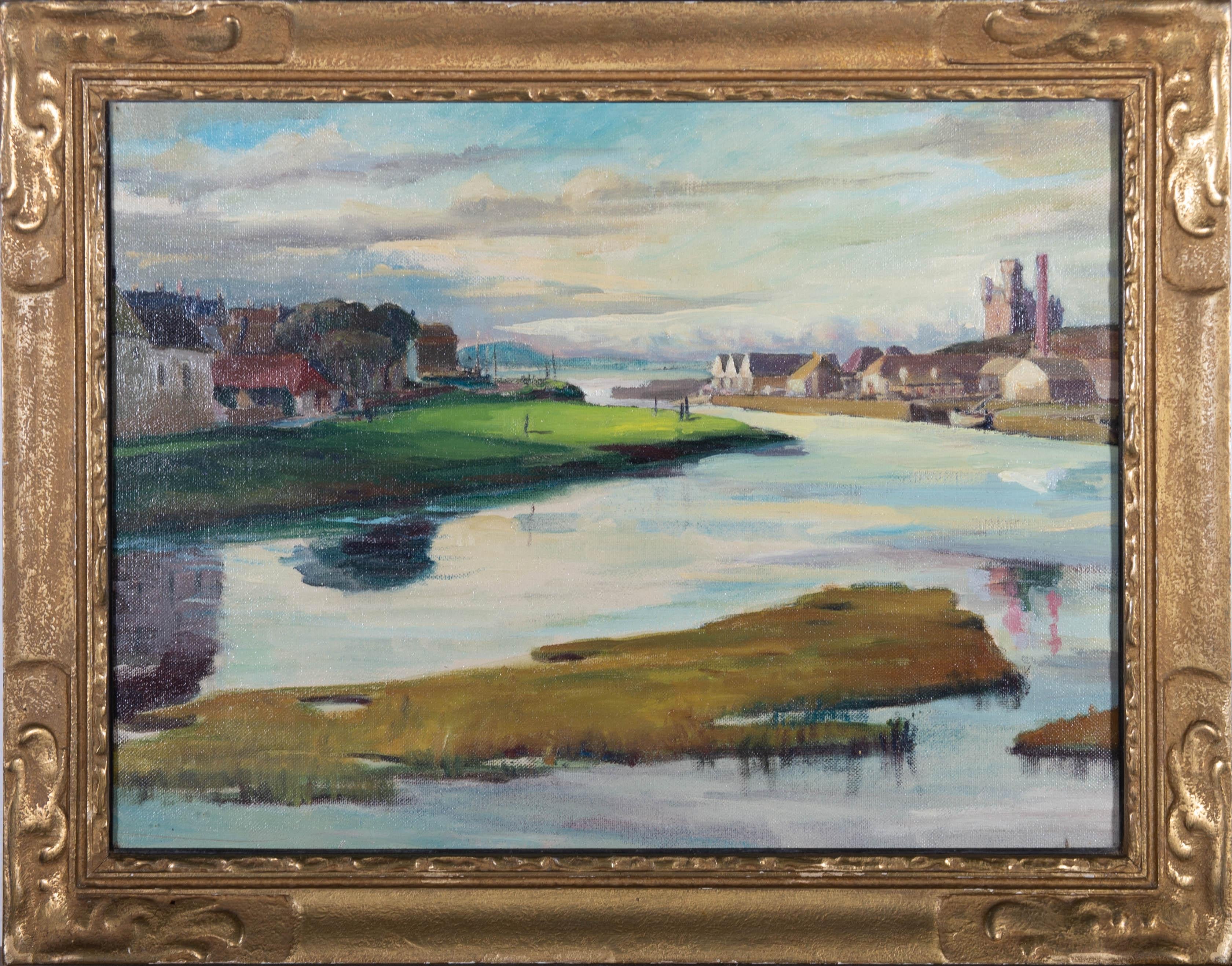 Unknown Landscape Painting - Mid 20th Century Oil - Town on the Estuary
