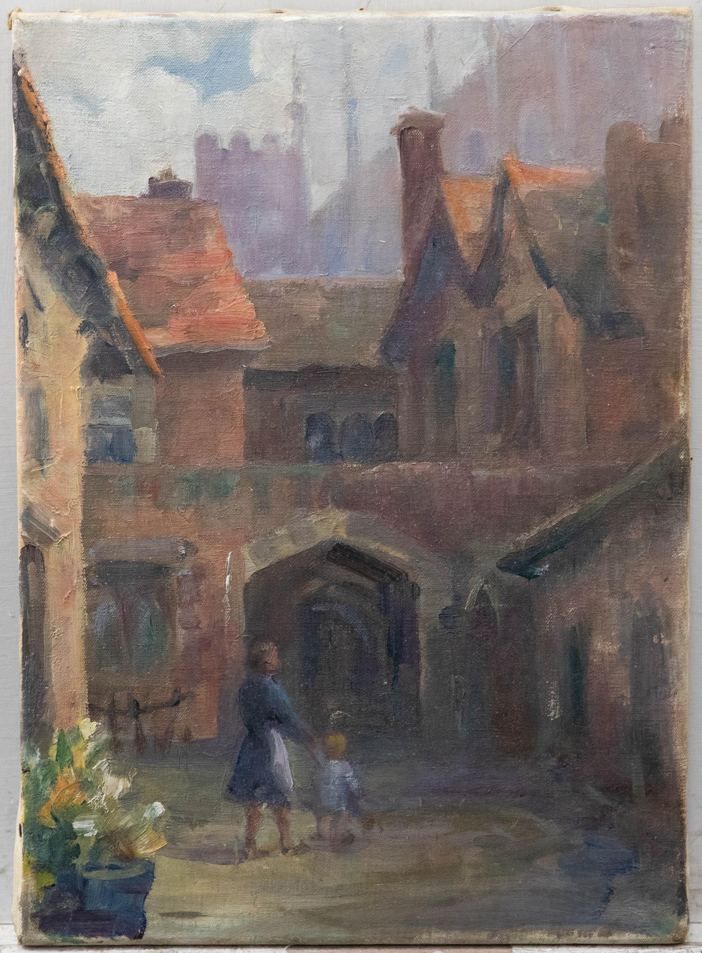 Mid 20th Century Oil - Tudor Cloisters at Hampton Court - Painting by Unknown